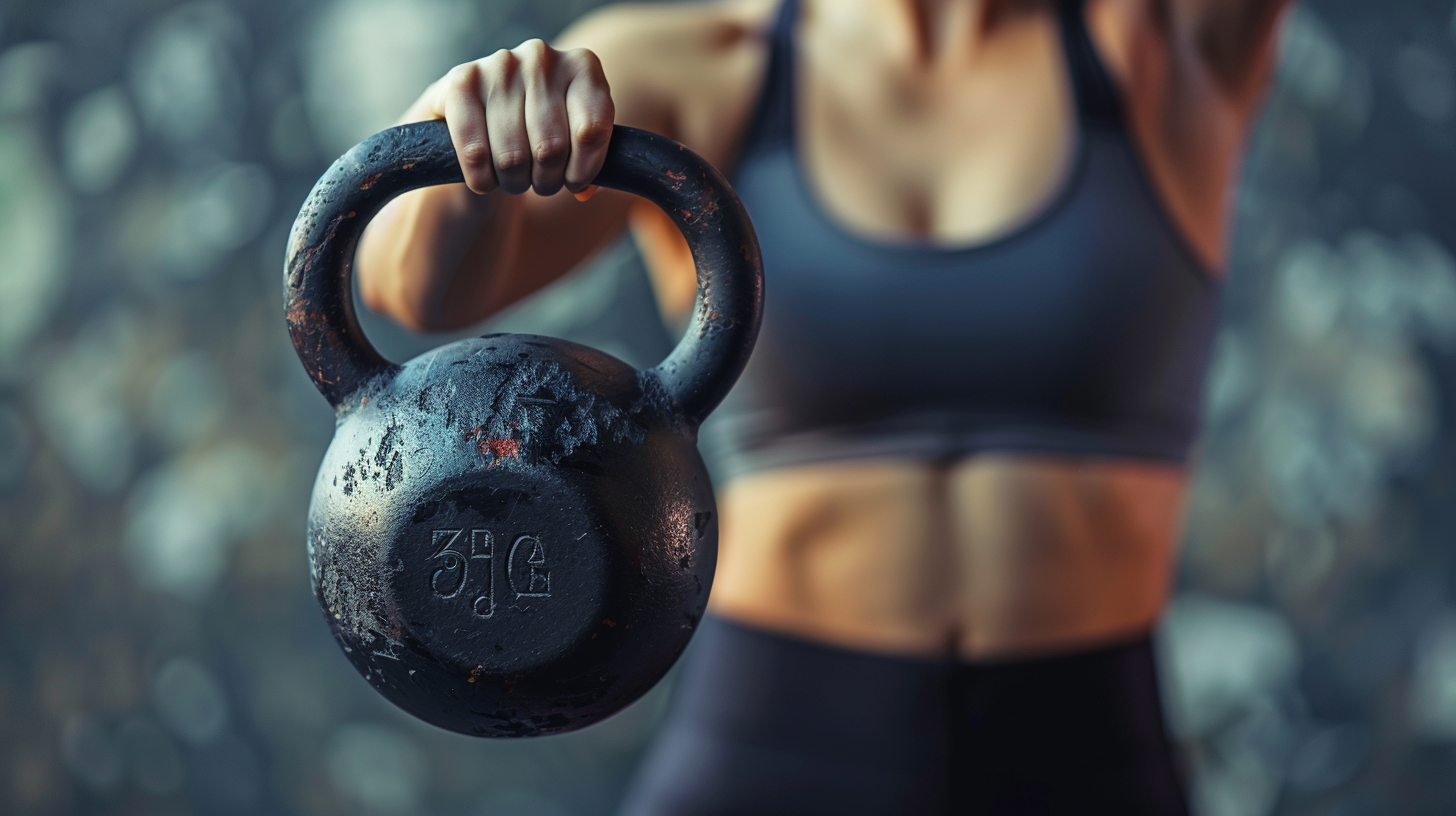 a woman exercising with a kettlebell, holding it straight in front of her