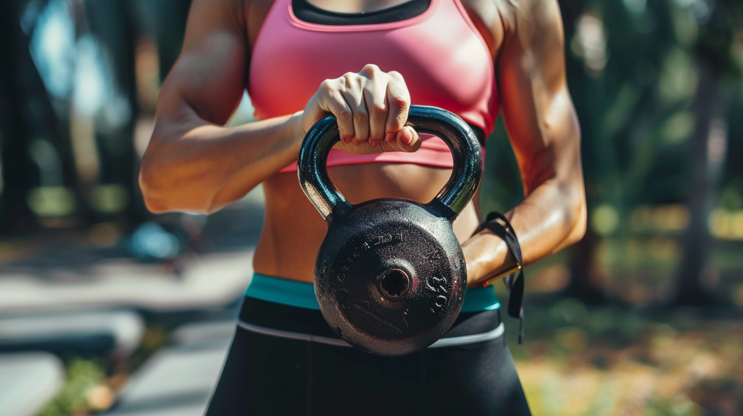 close-up of the midsection a woman with very toned arms holding a kettlebell