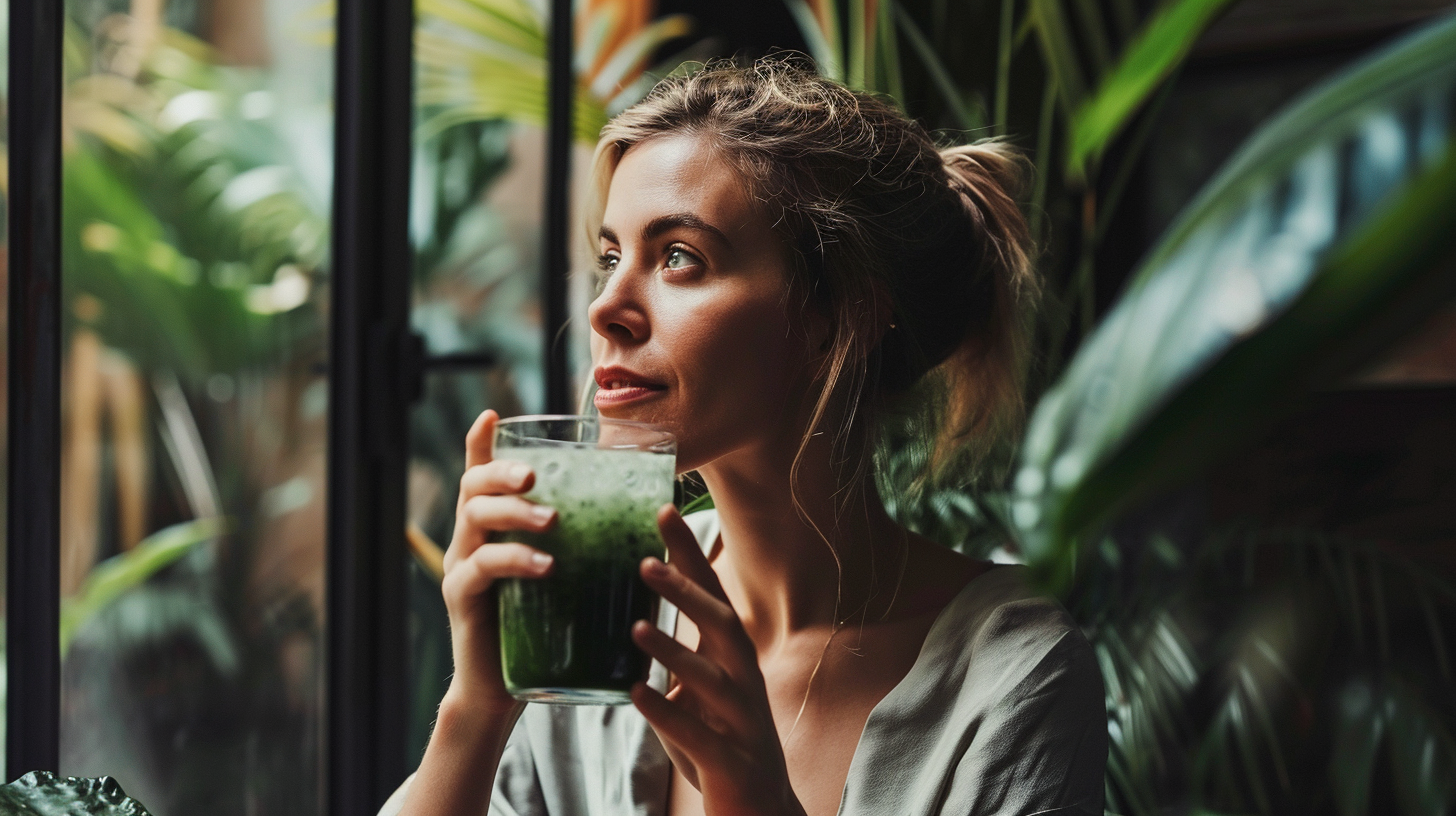 a woman holding a cup of a greens drink
