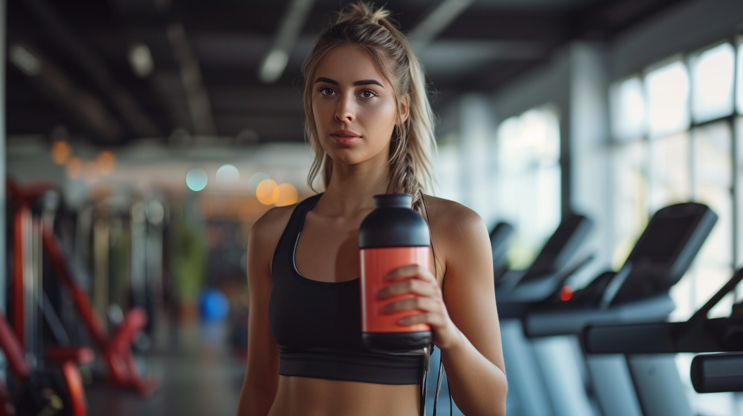 a woman at the gym holding a shaker bottle