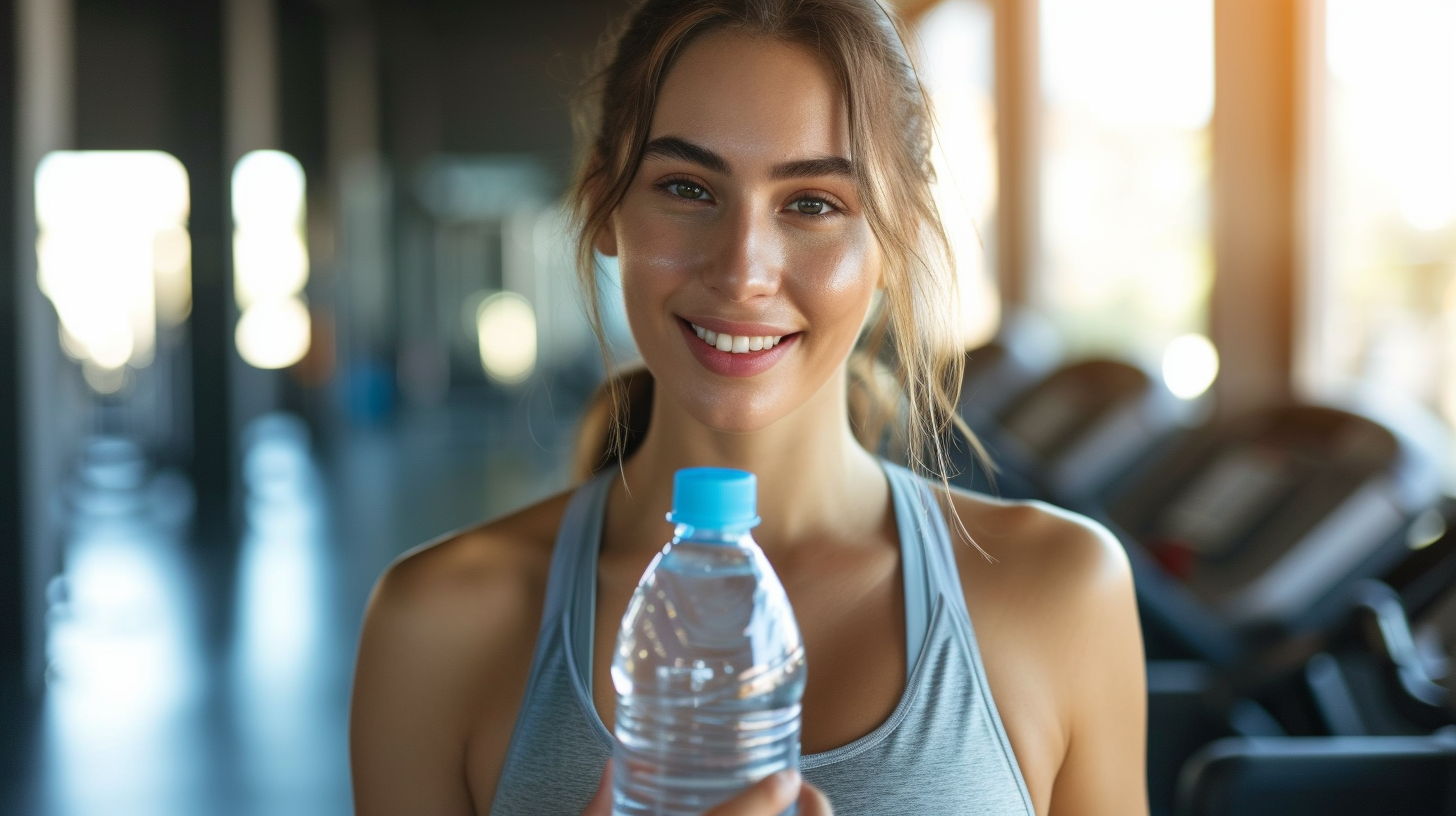 a young woman at the gym holding a water bottle