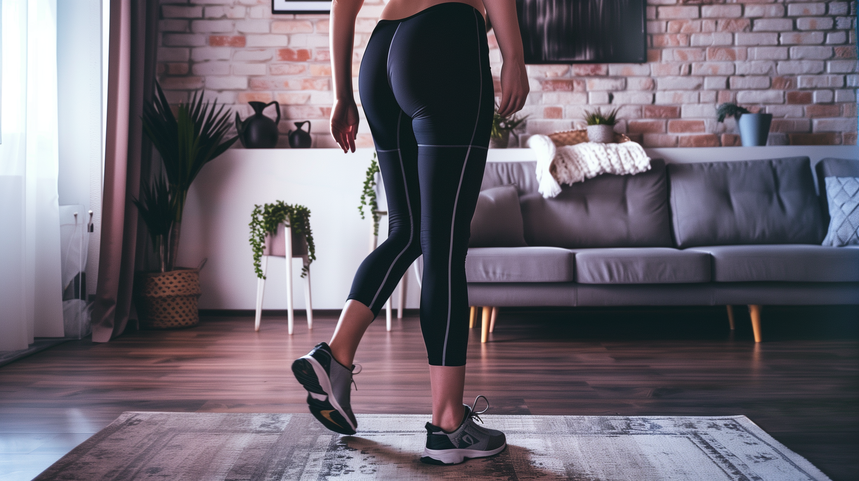 a waist down photo of a woman in work-out tights, standing in her living room about to workout