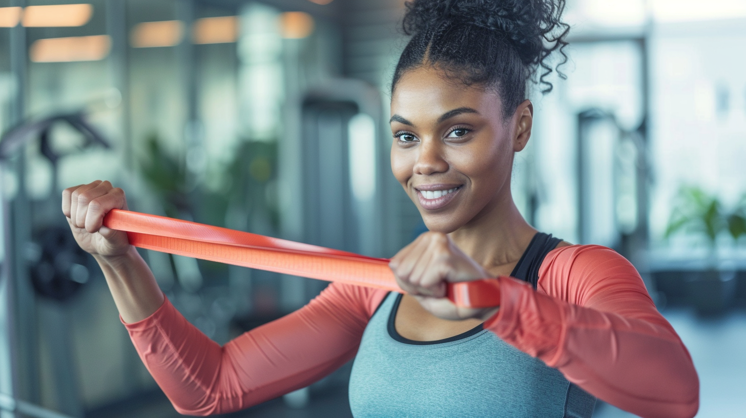 a woman at the gym using resistance bands to strengthen her wrists