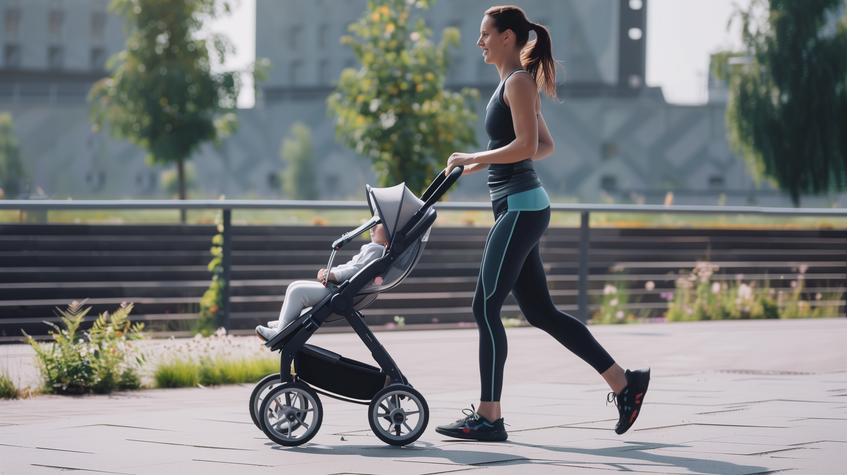 a woman in workout clothes taking a brisk walk with a stroller
