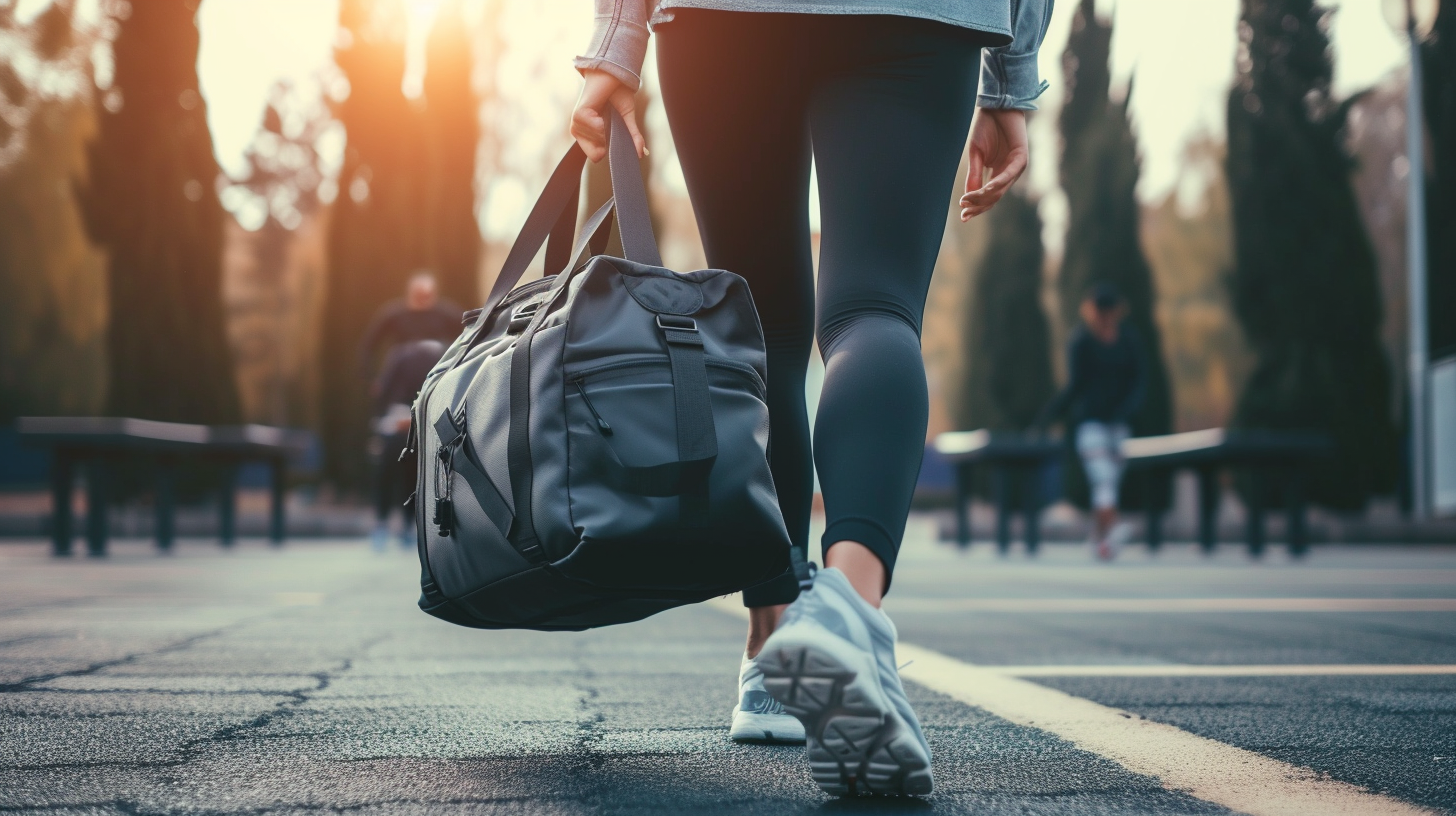 a woman walking to the gym holding her gym bag