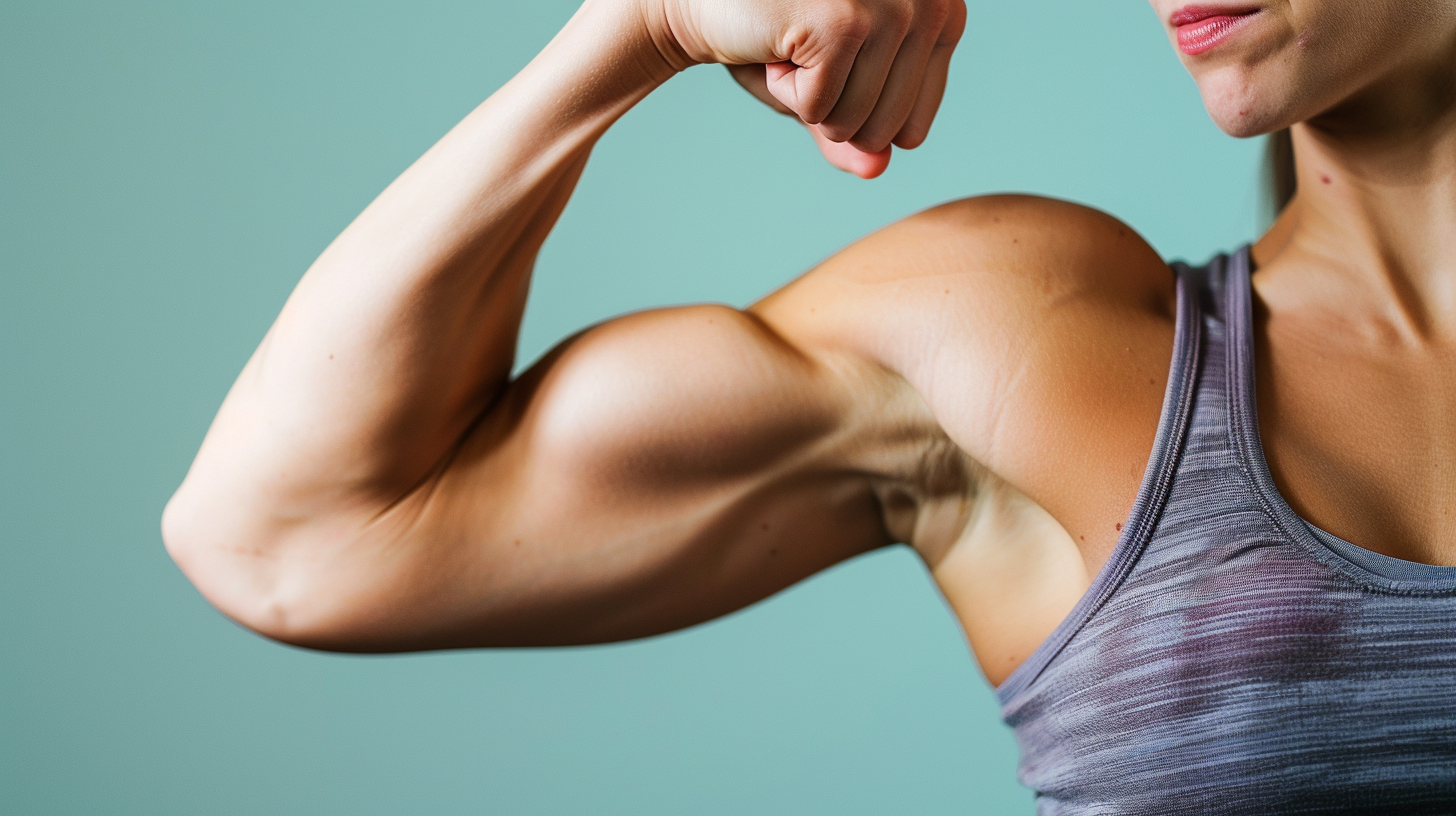 a close-up of a woman's arm, flexing her bicep