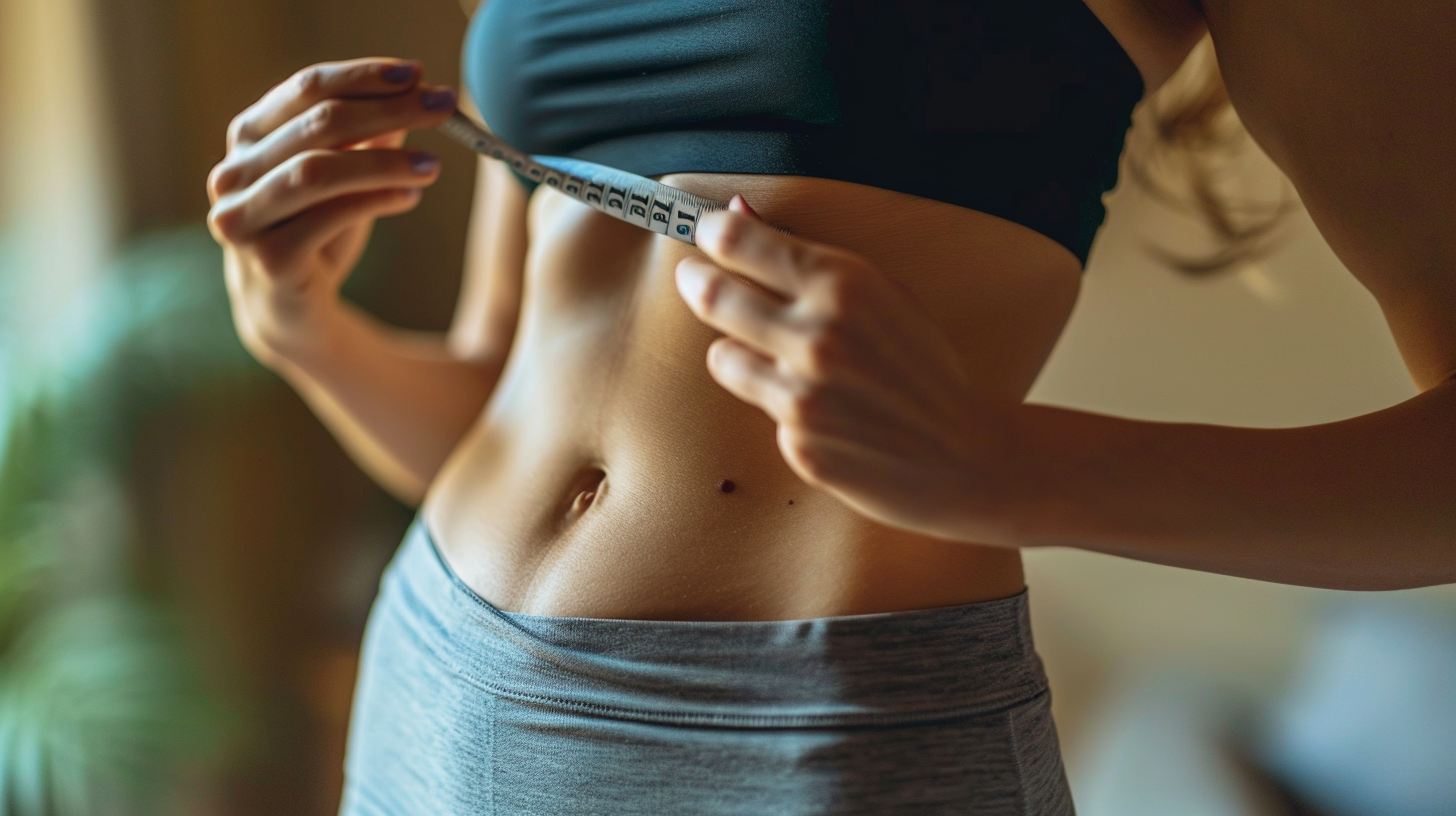a woman's in-shape abs as she's holding a measuring tape