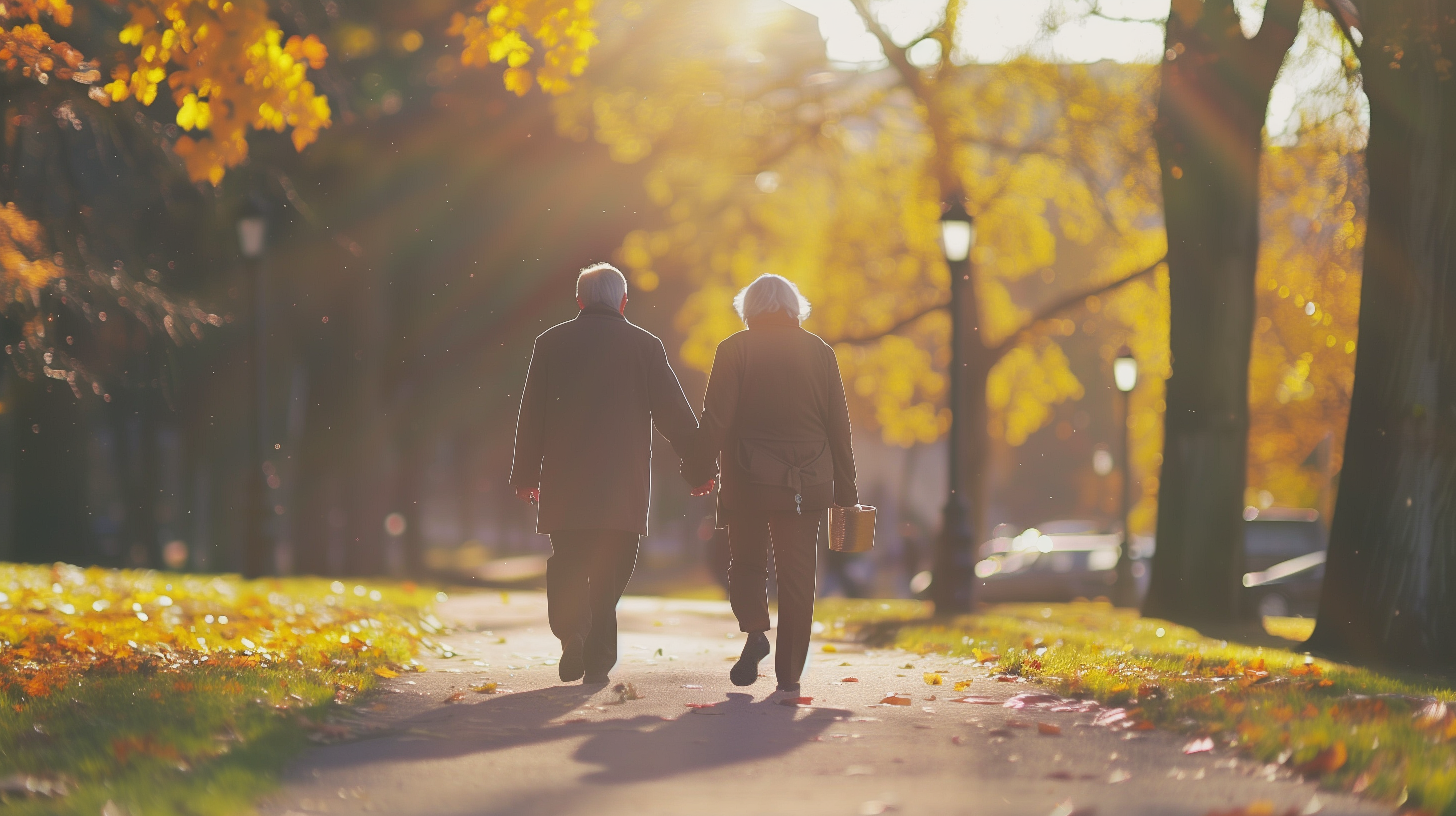 elderly couple walking in the park