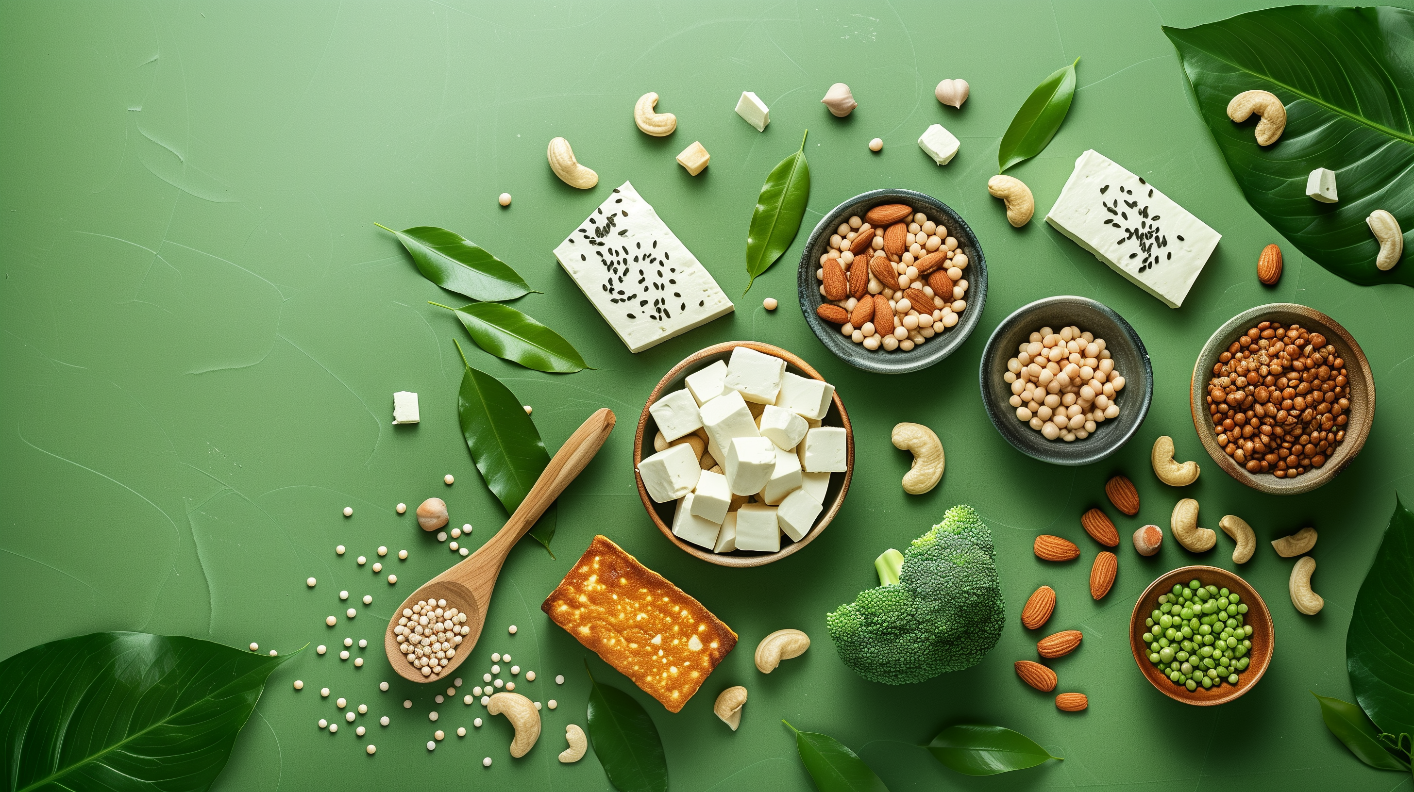 array of plant-based protein sources like tofu, tempeh, nuts, seeds, and legumes