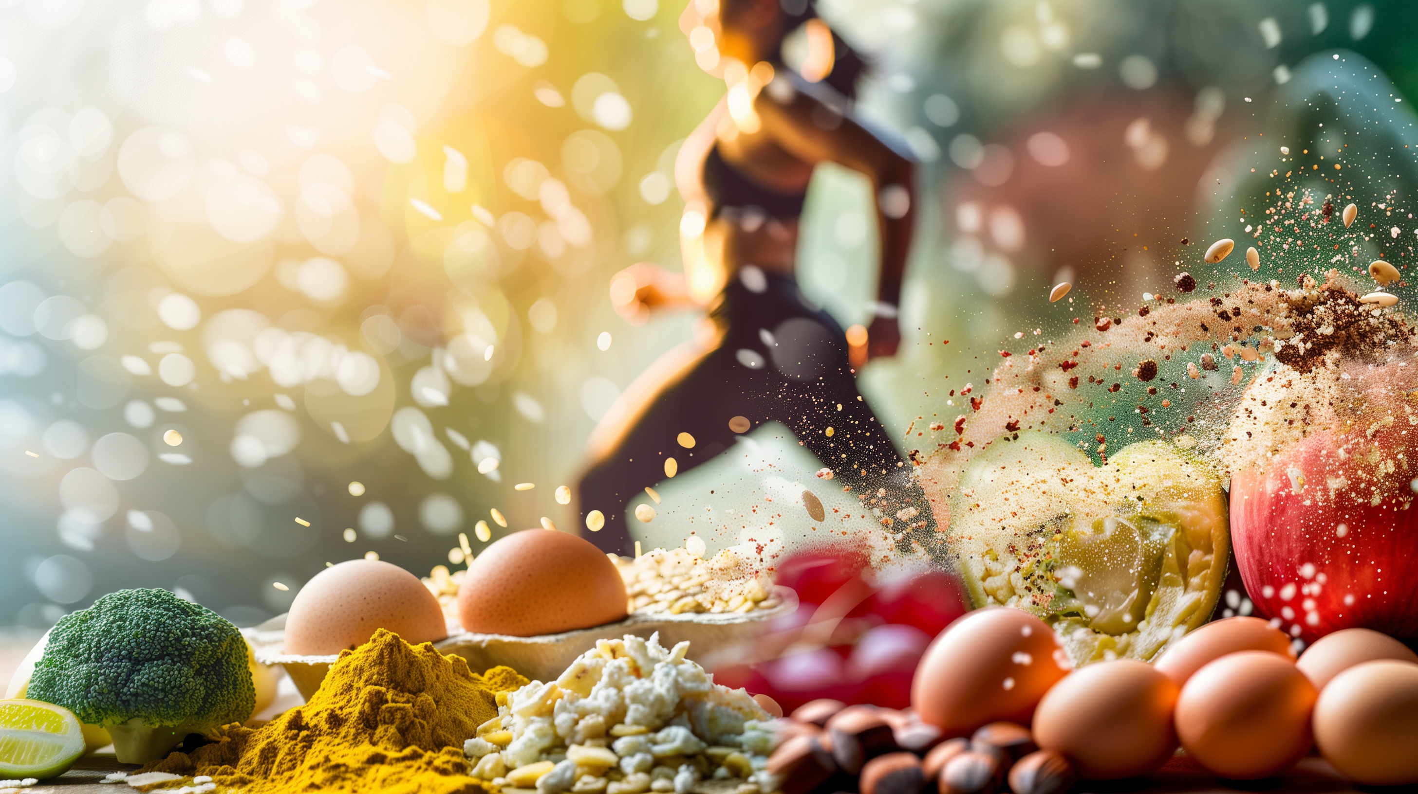 variety of colorful, natural foods rich in BCAAs like eggs, quinoa, and nuts, complemented by a silhouette of a woman exercising