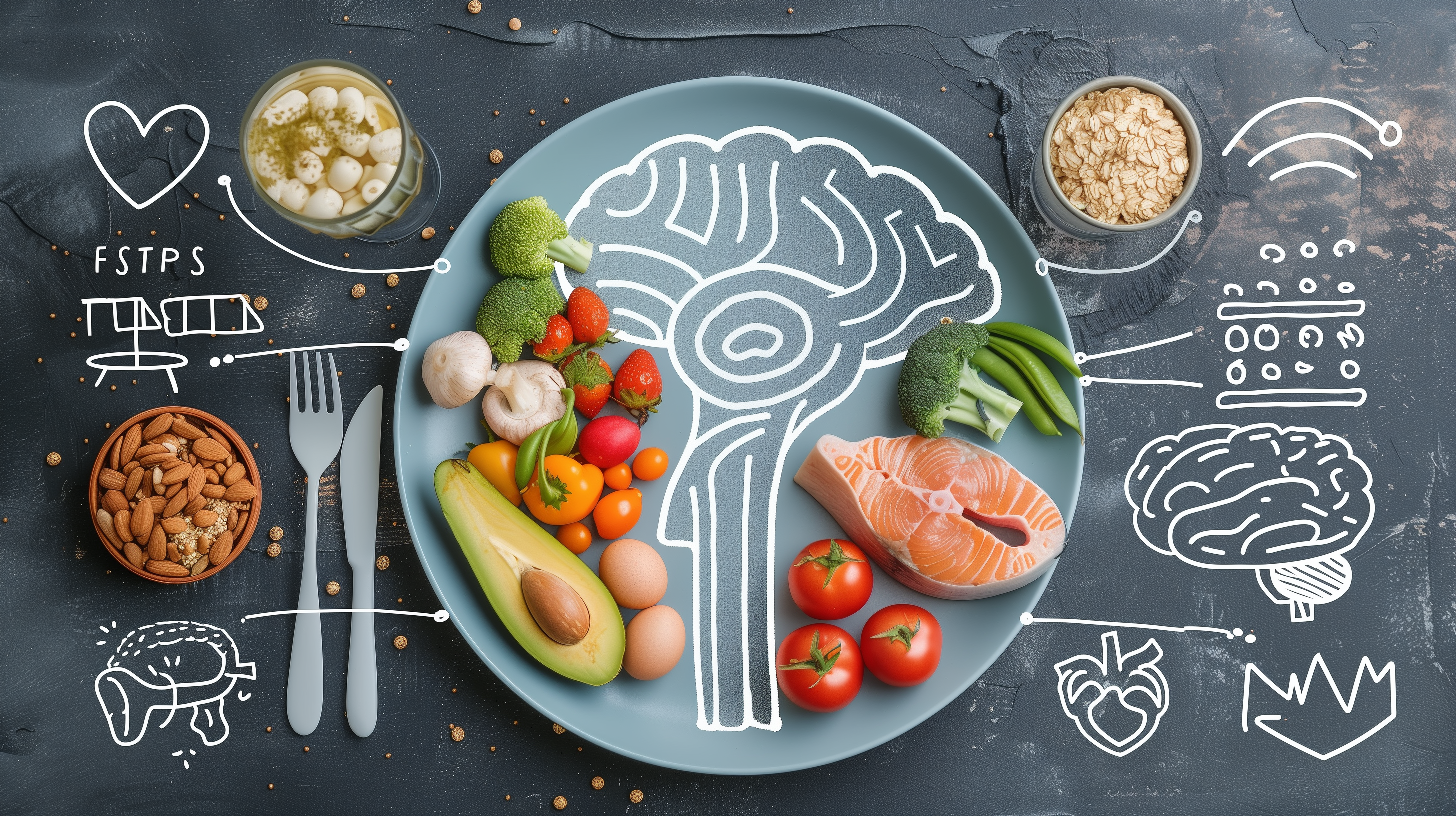 plate divided into sections with fruits, vegetables, whole grains, lean protein, and a side glass of water, surrounded by icons of a heart, muscle, and brain