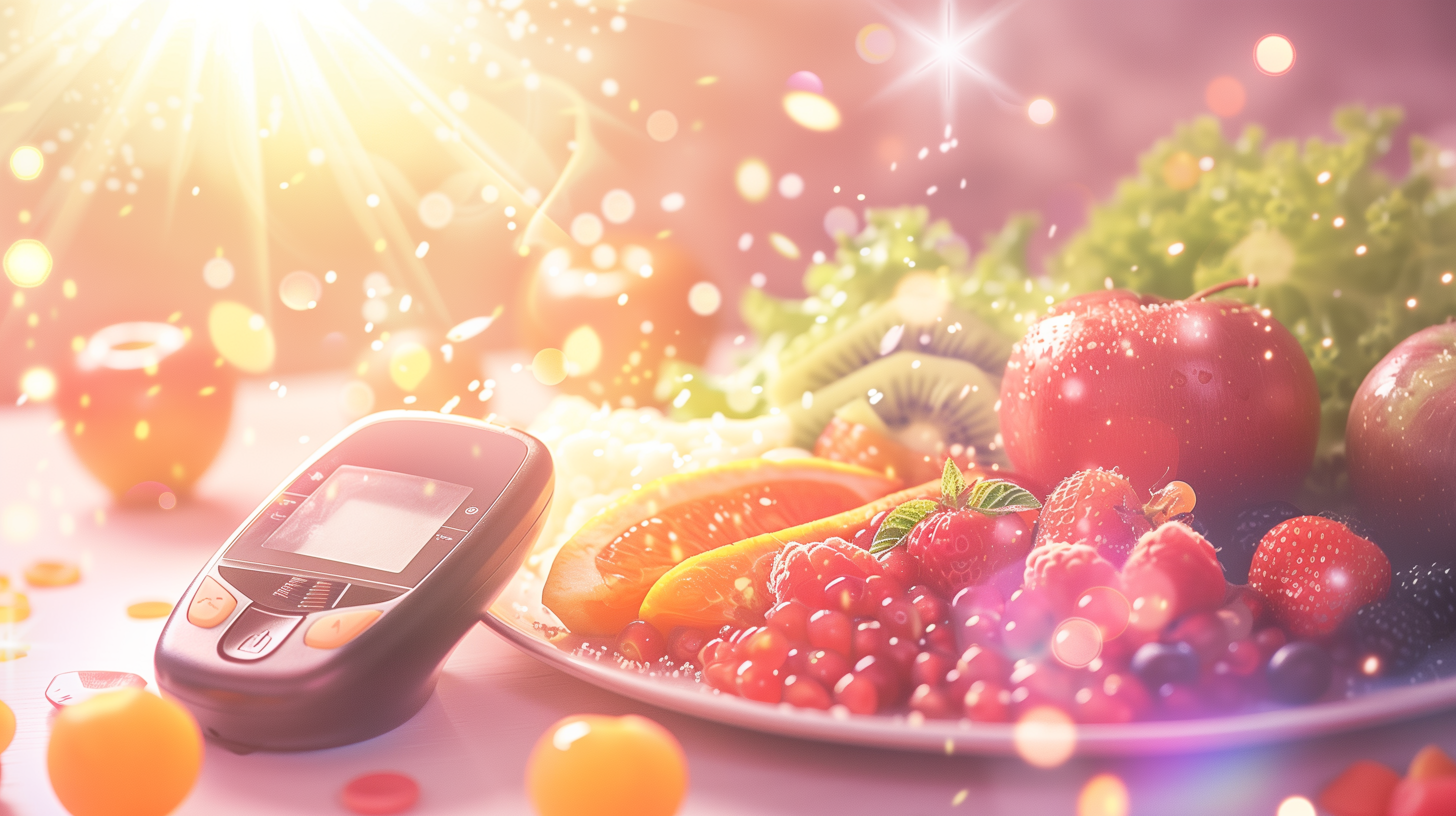 fruits, vegetables, whole grains, and lean protein, alongside a glucometer