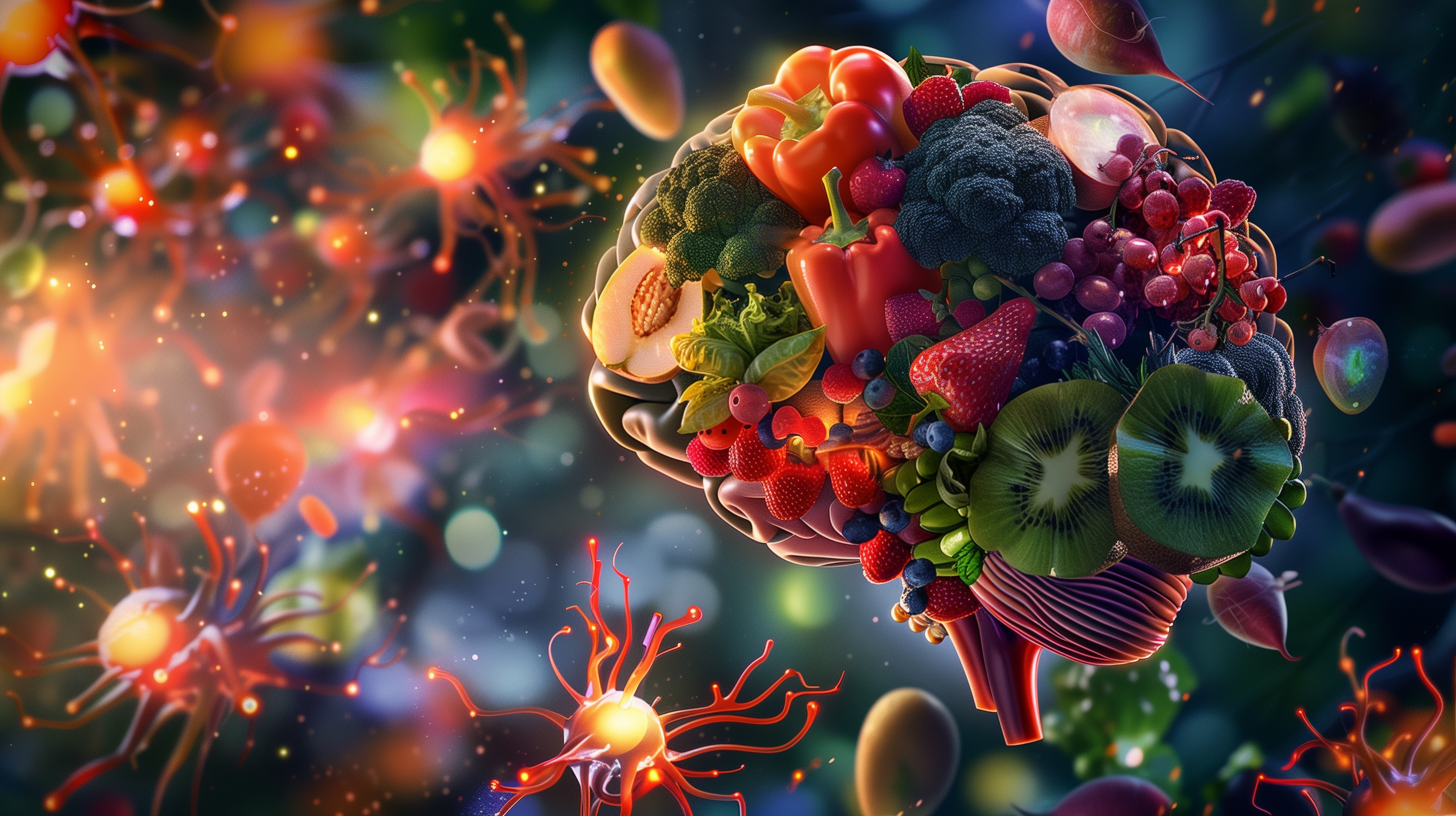 brain made of fruits and vegetables high in vitamins A, D, E, and K, surrounded by glowing neurons