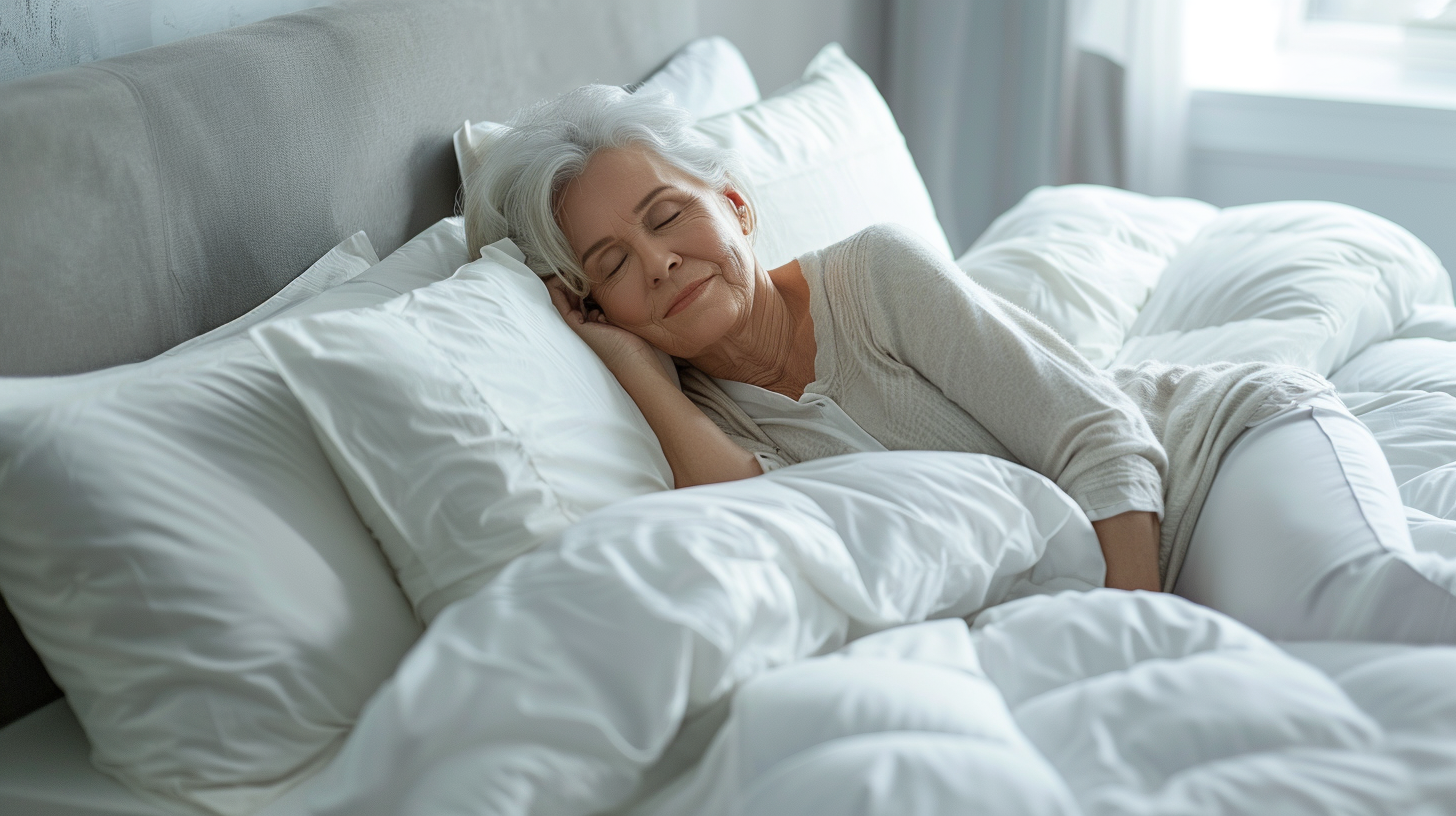 an older woman sleeping peacefully in her bed