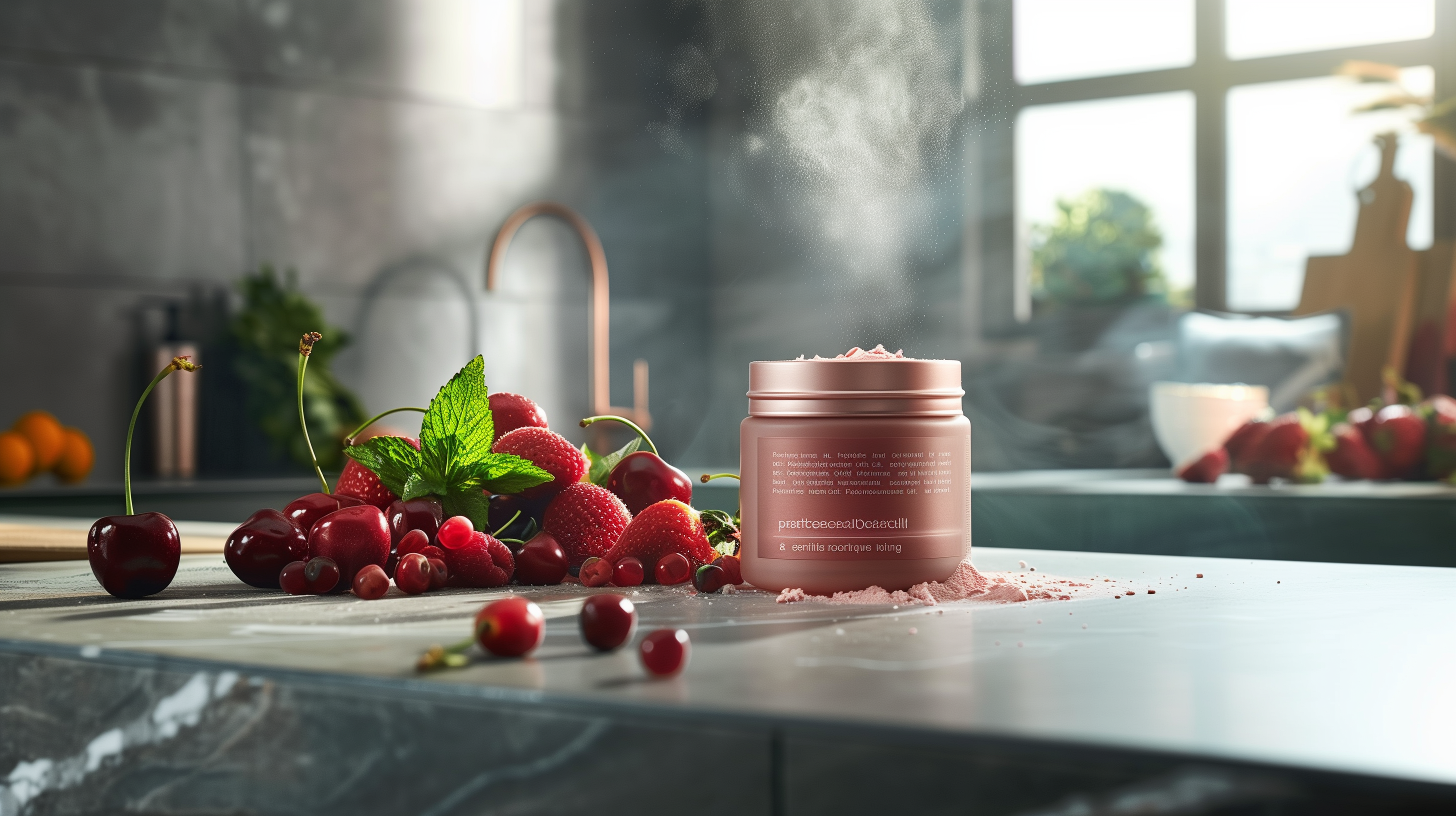 open container of Essential Reds Powder, surrounded by fresh fruits