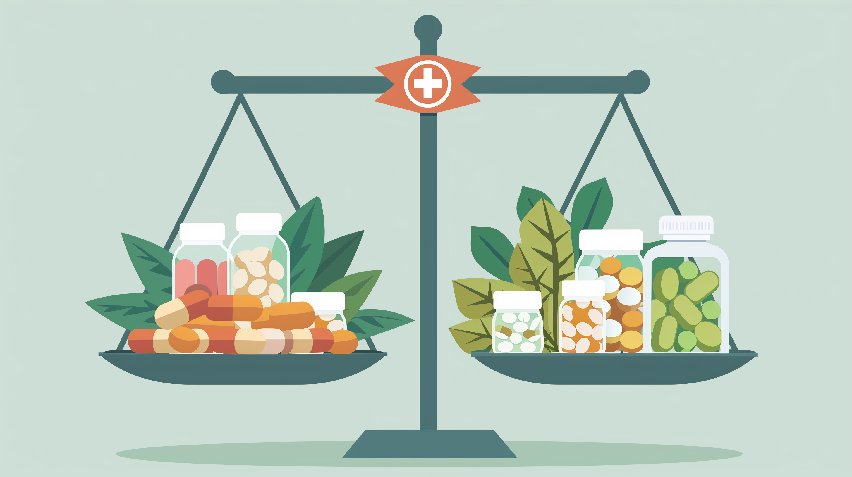 balance scale. On one side, a pile of various herbal supplements; on the other, prescription medication bottles