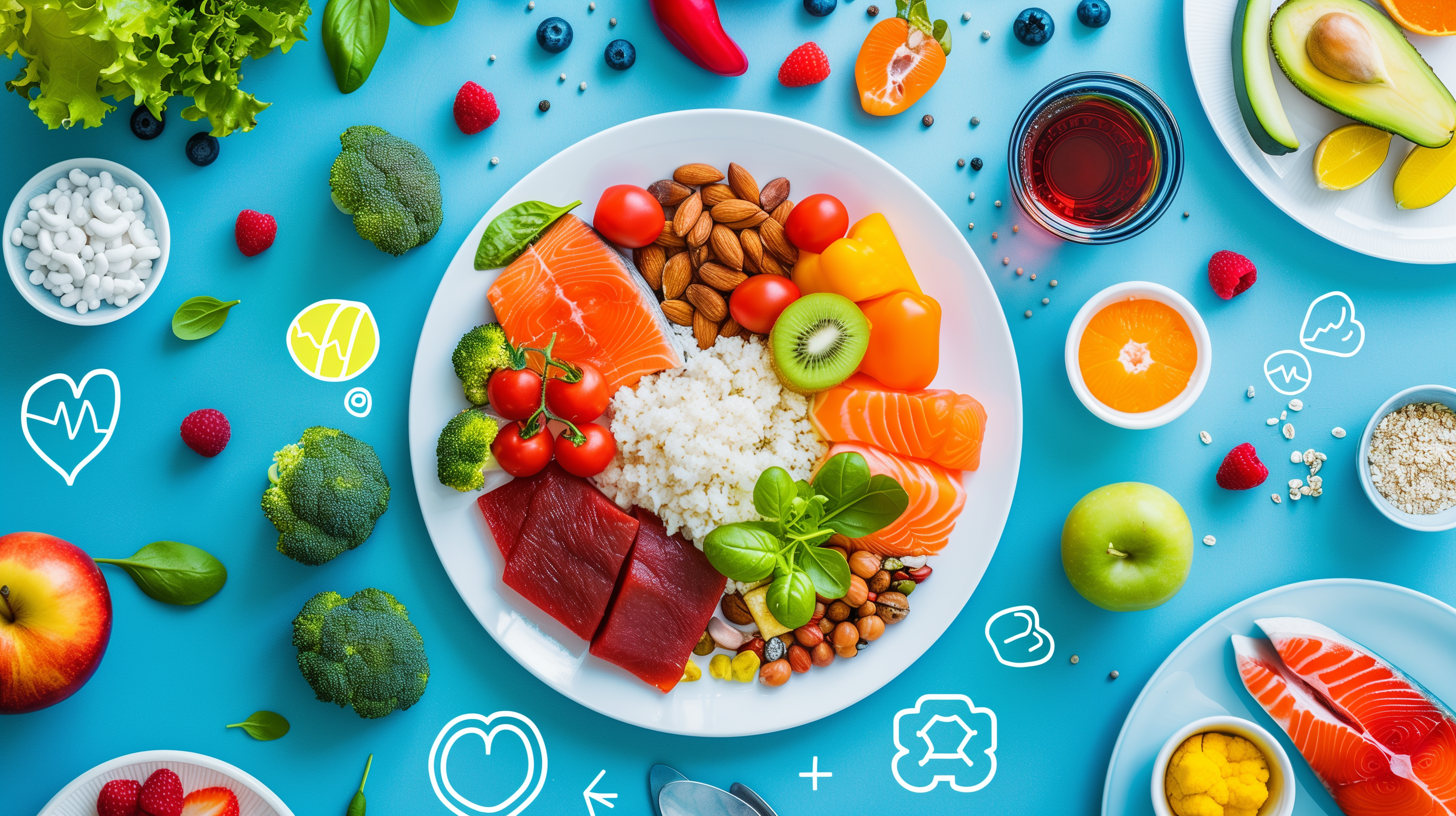balanced plate with equal portions of fruits, vegetables, proteins, and grains, surrounded by icons symbolizing heart health, strong bones, and a vibrant immune system