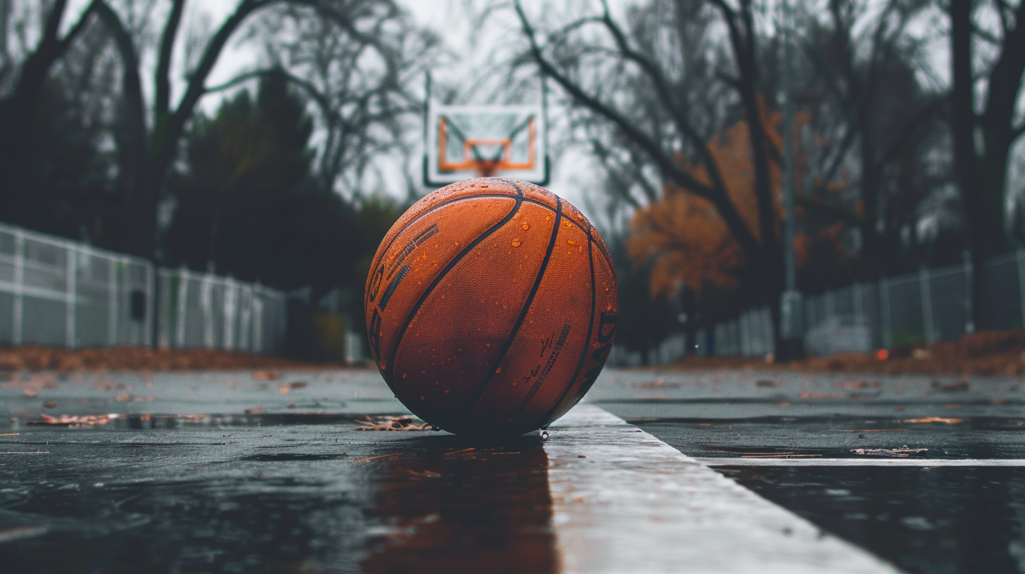 a closeup of a basketball on an outdoor basketball court