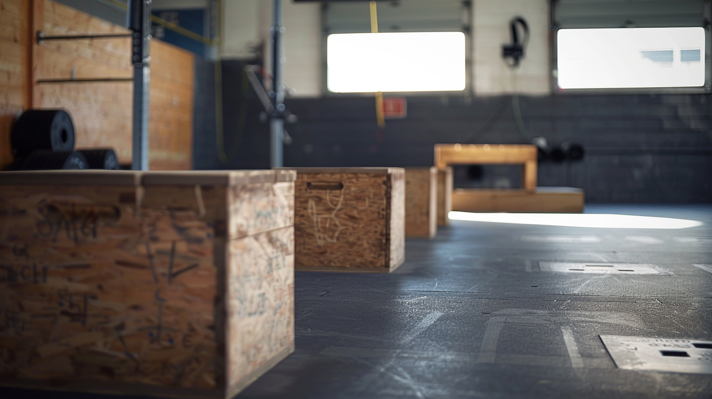 crossfit gym with boxes set up for tall box jumps
