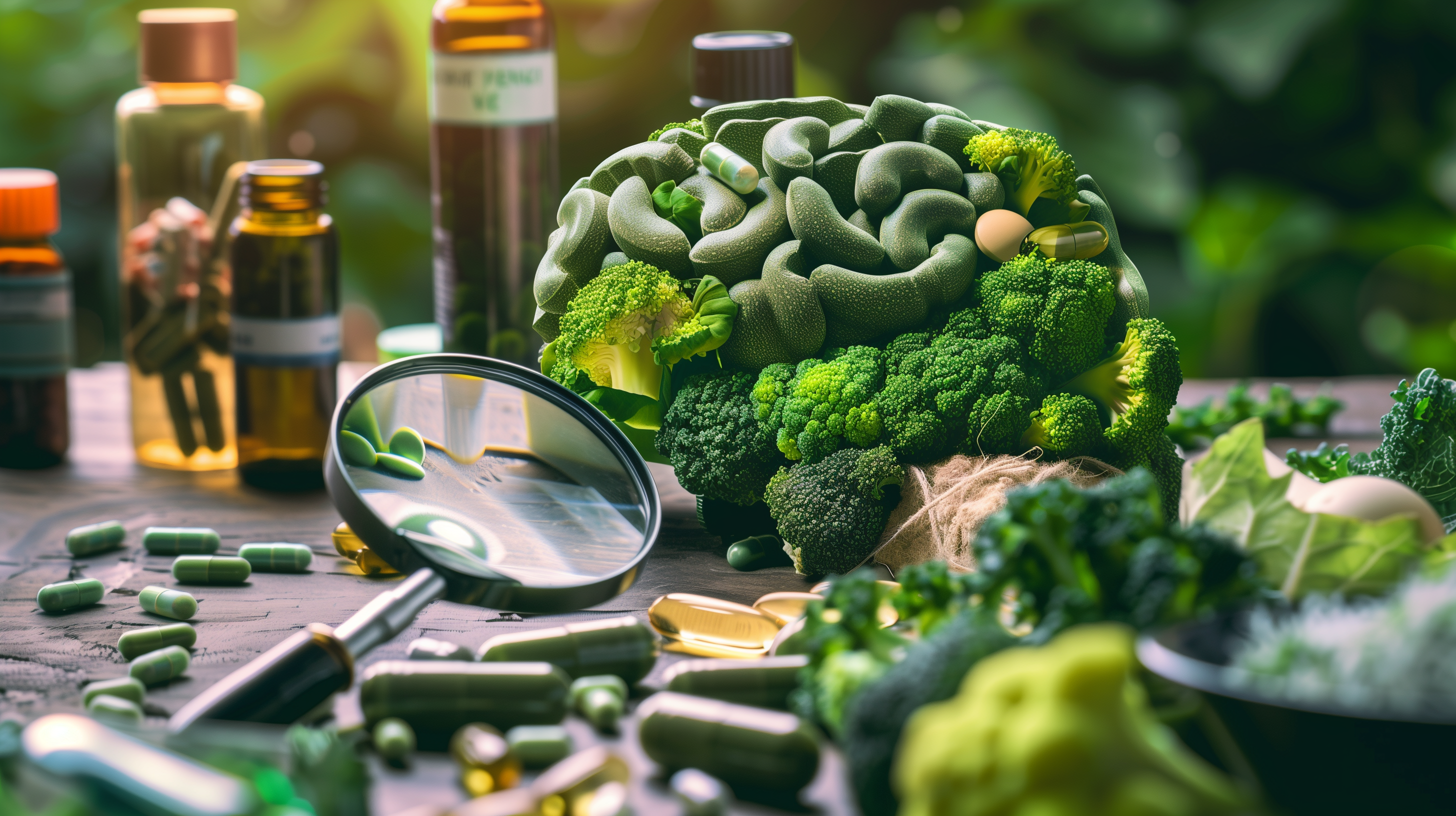 brain composed of vibrant, healthy green vegetables, surrounded by bottles of ketone supplements, with a magnifying glass