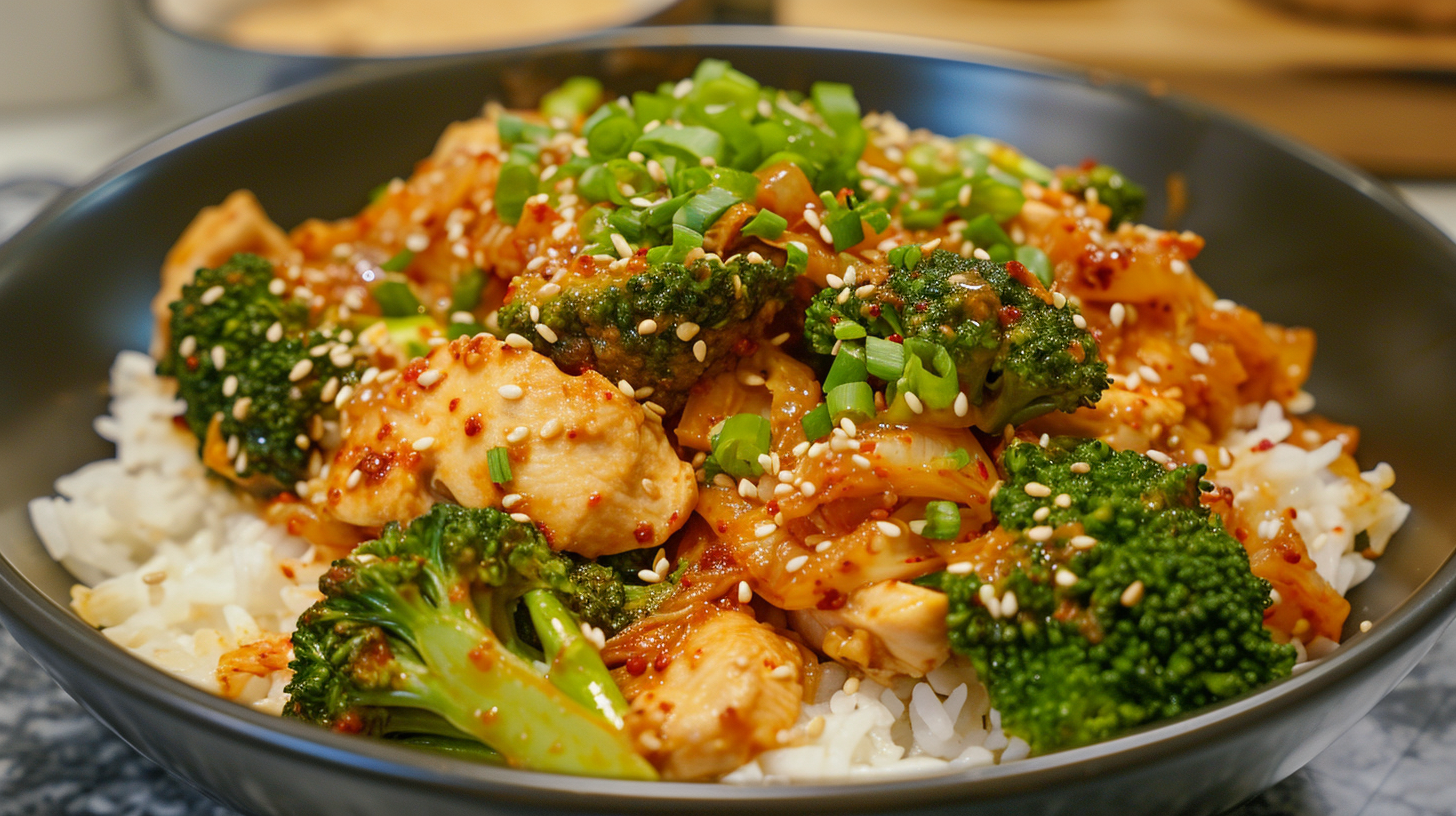 rice bowl with chicken, broccoli, and kimchi