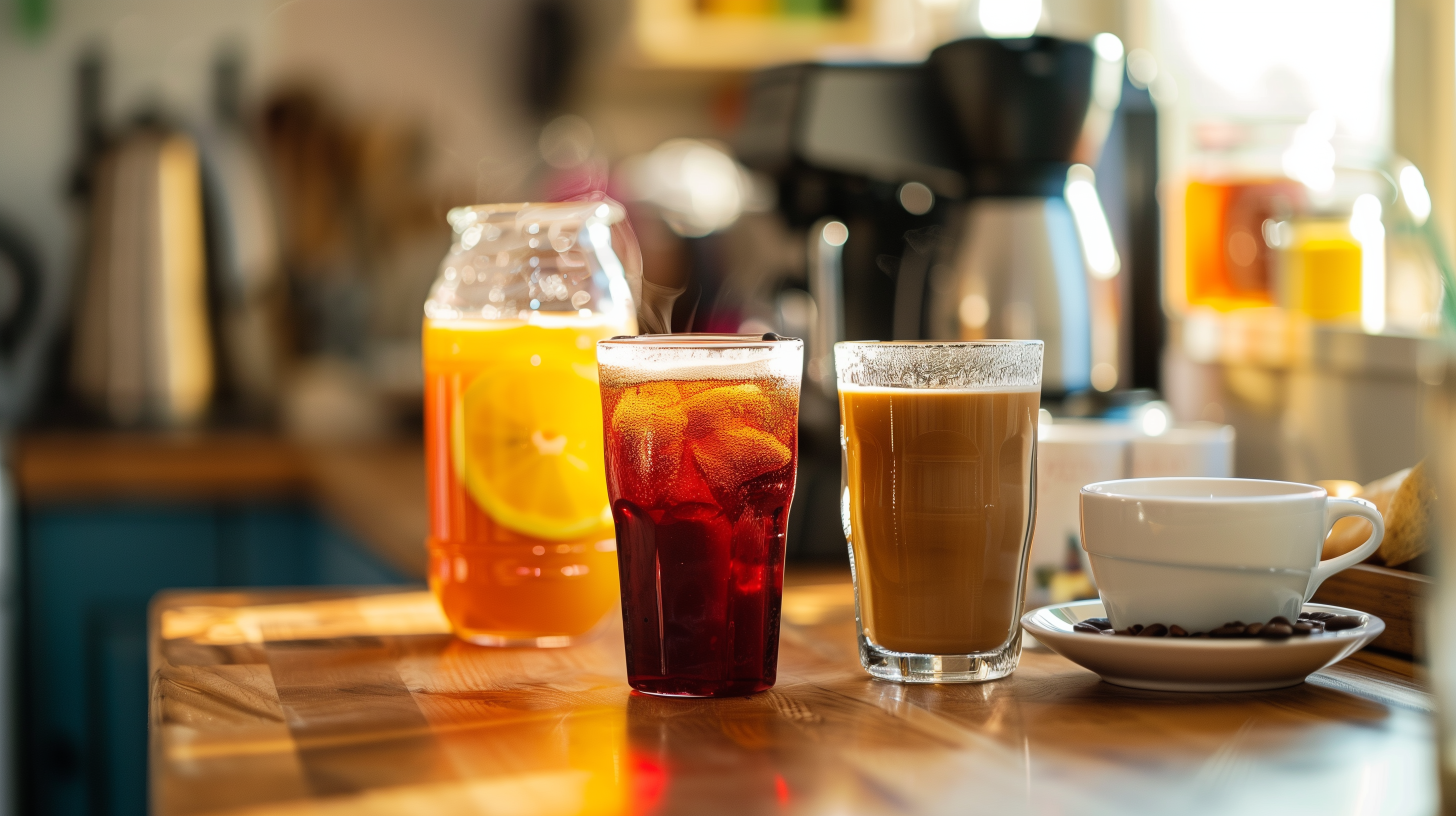 caffeine drinks, coffee, energy drinks, tea on a counter