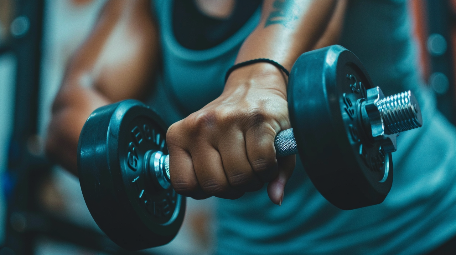 a woman doing a wrist strengthening exercise, holding a small dumbbell