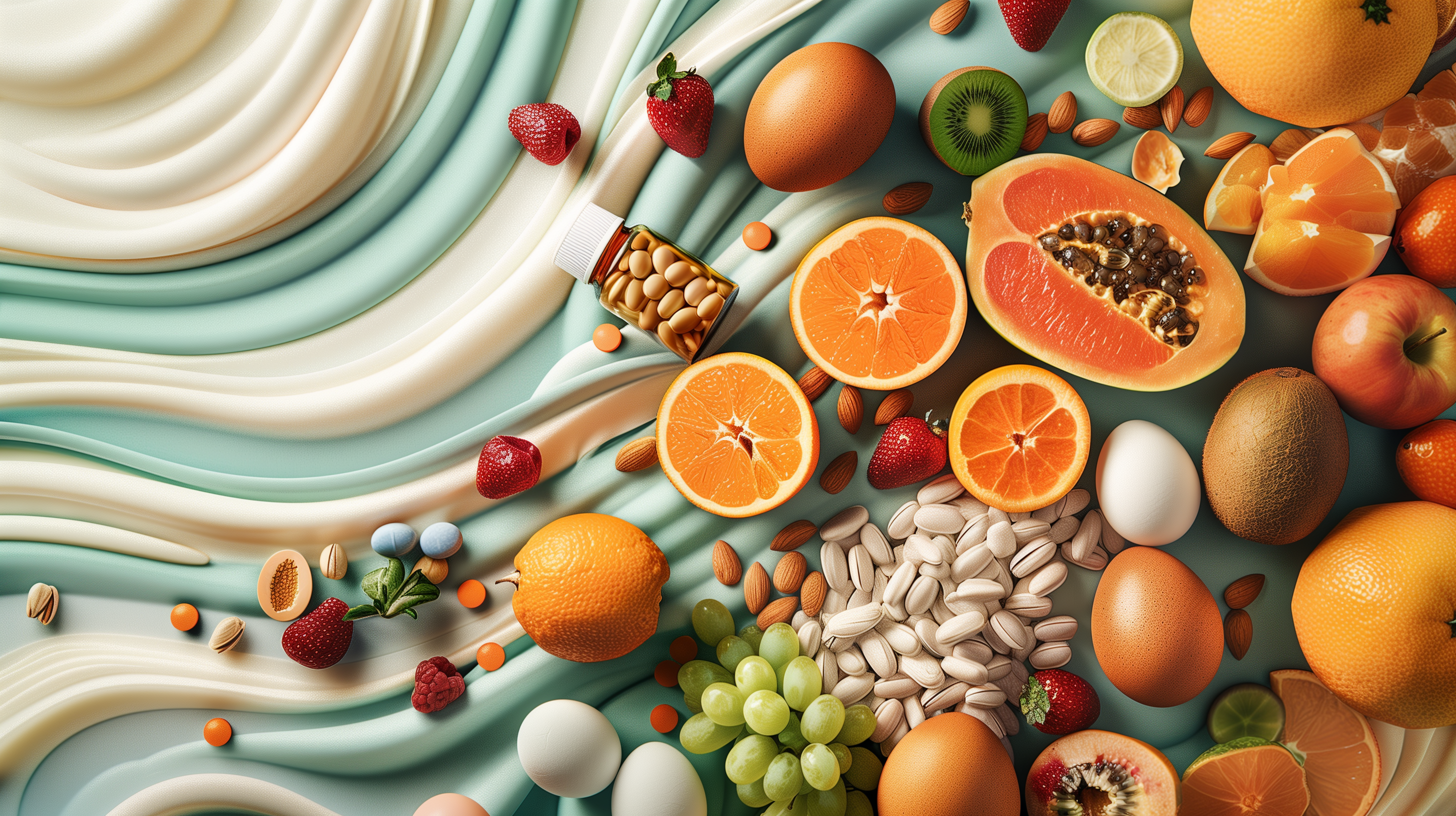 colorful array of fruits, nuts, and eggs, with a prominent, centrally placed bottle of biotin supplement