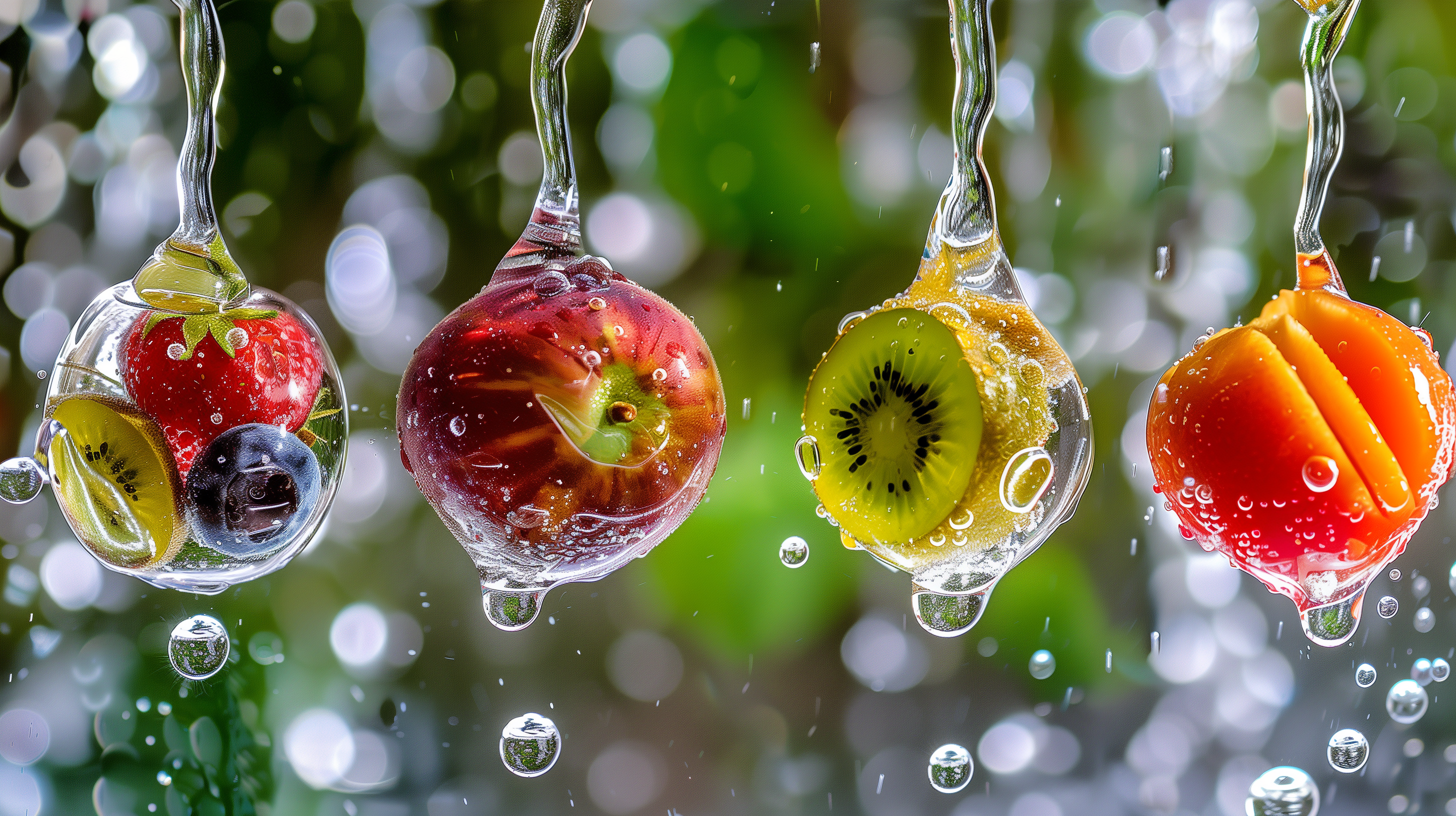 colorful water droplets, each containing a different fruit or vegetable, merging into a crystal-clear stream, symbolizing the natural sources and absorption of water-soluble vitamins