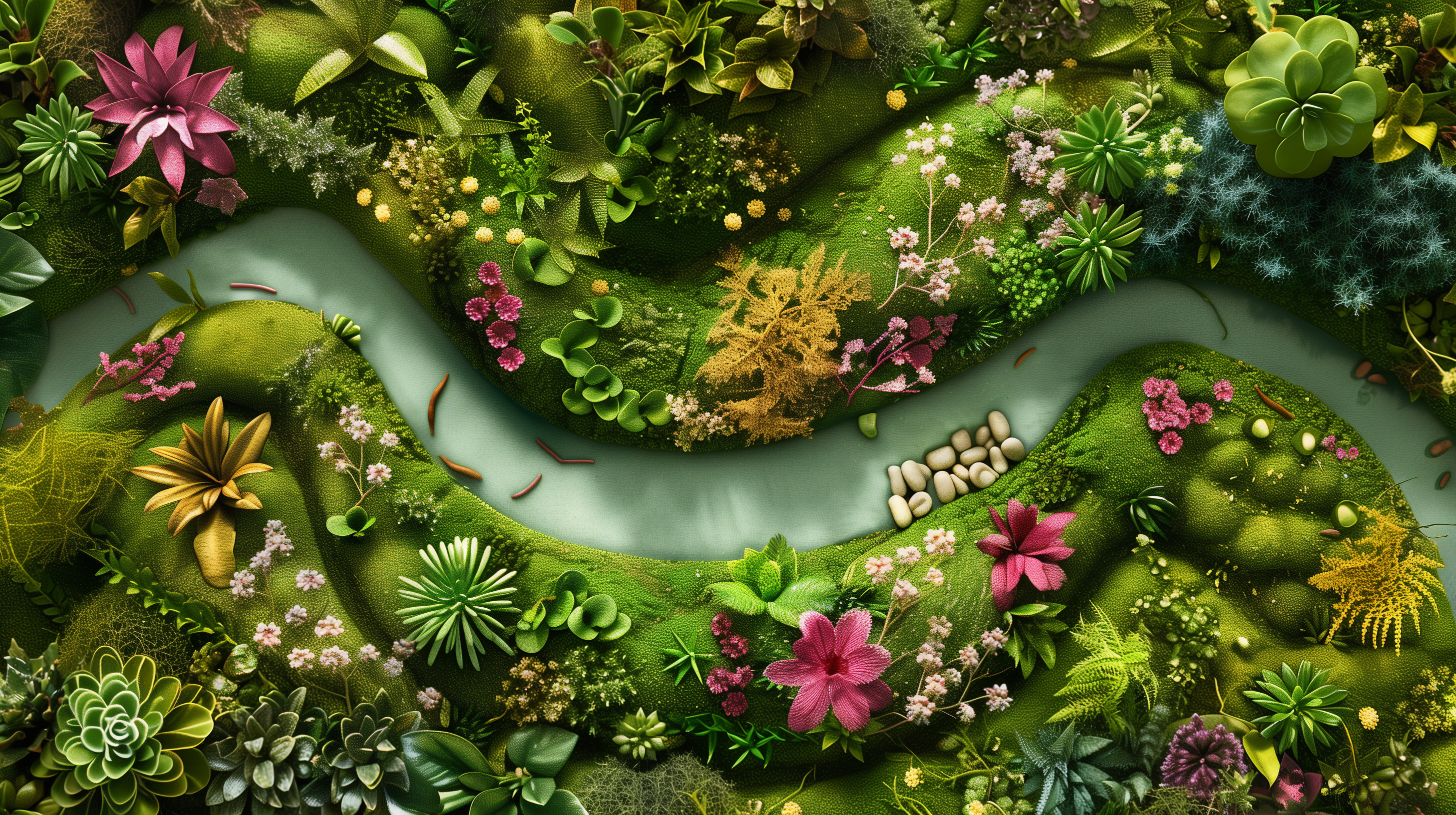 digestive tract shaped landscape, with a vibrant, flowing river of greens powder