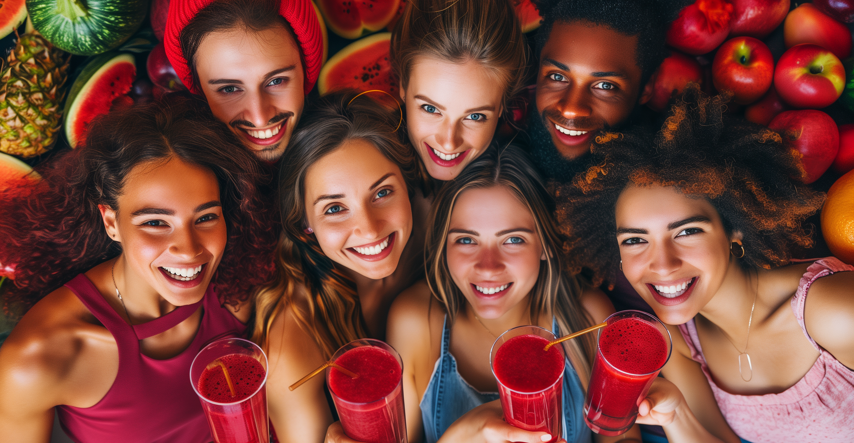 diverse happy individuals, each holding a glass filled with a vibrant red smoothie