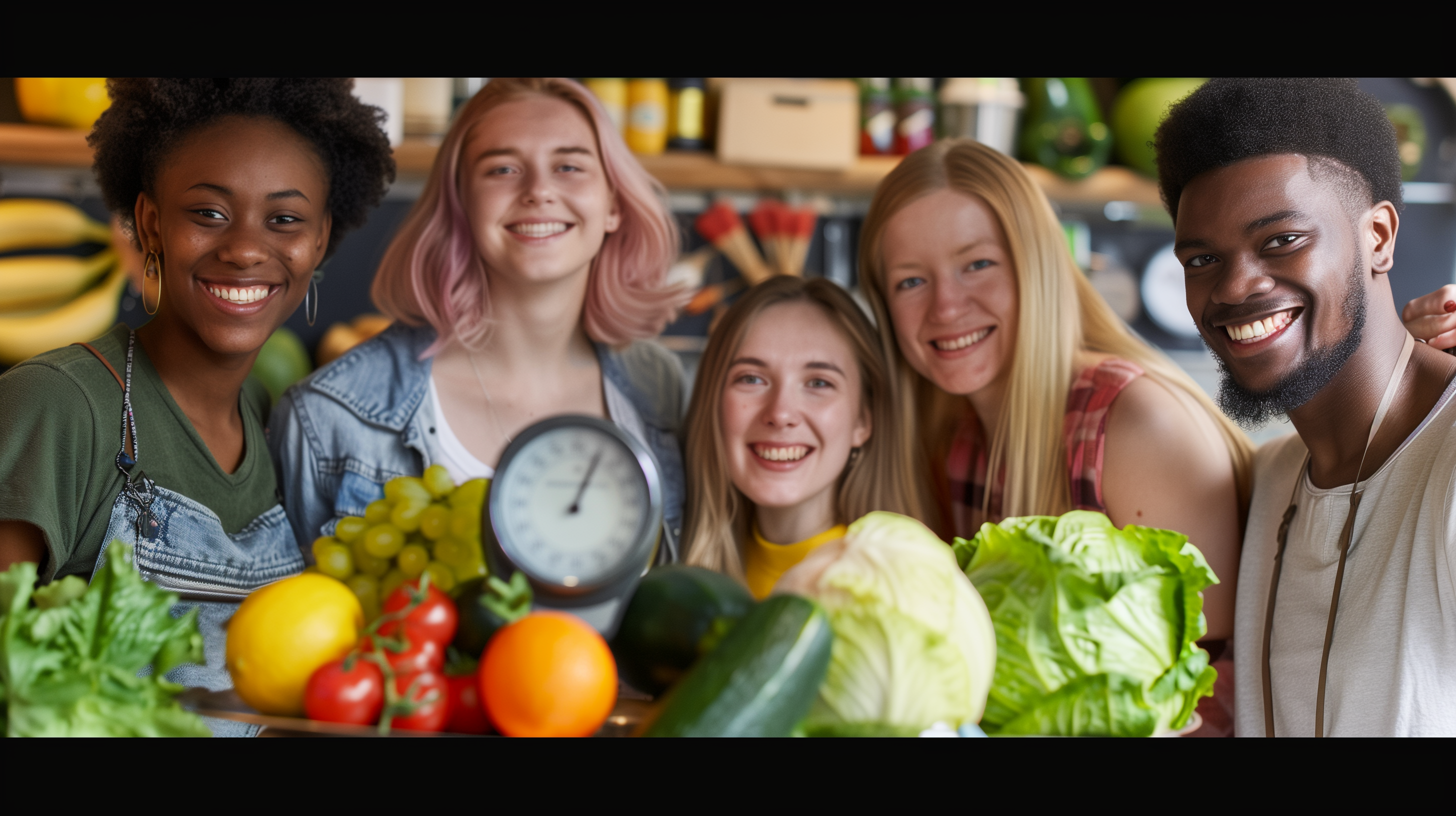 diverse individuals smiling, holding a scale showing weight loss, surrounded by fruits, vegetables, and probiotic supplements