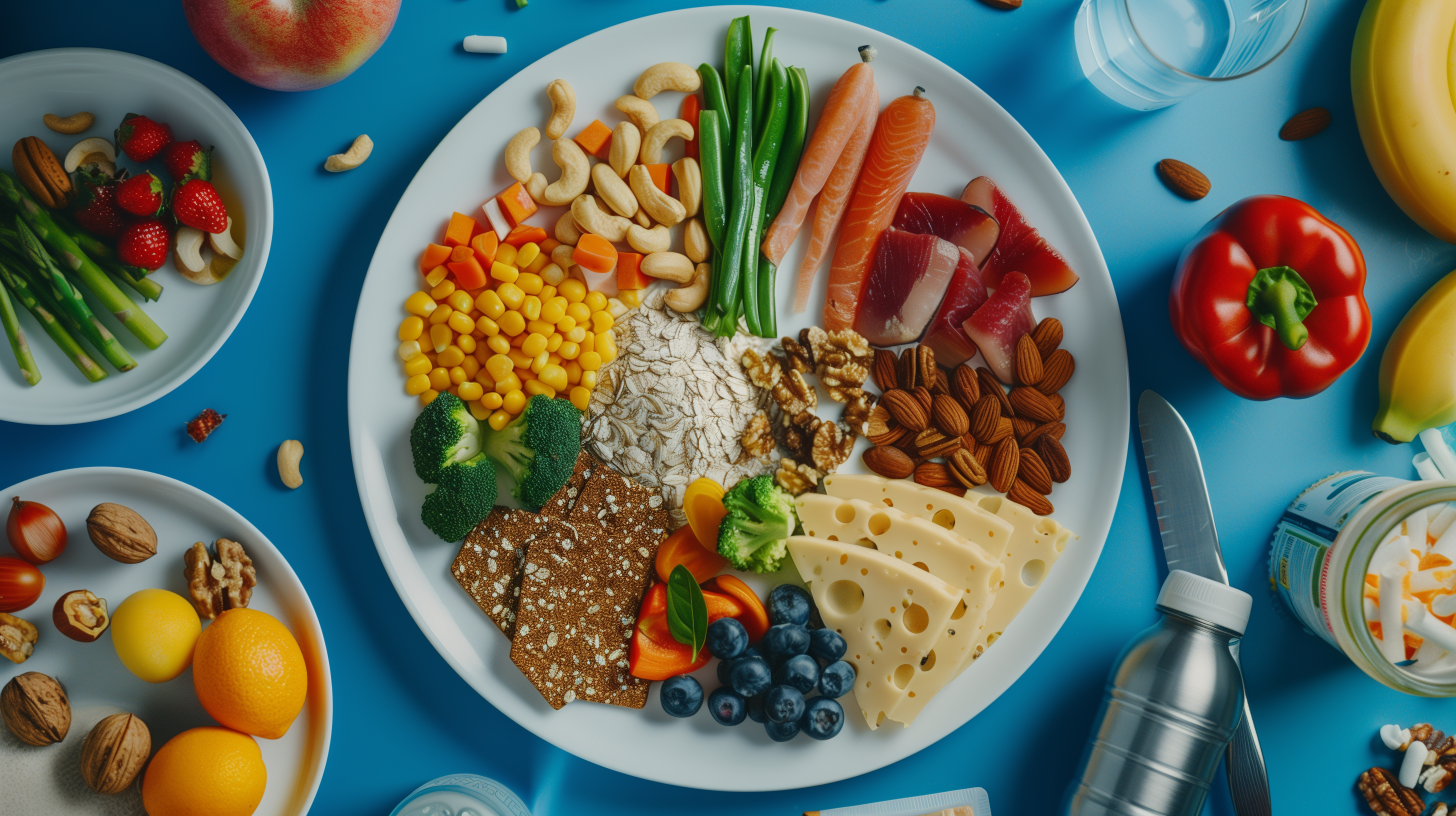 diverse plate divided into sections containing lean proteins, whole grains, fresh vegetables, fruits