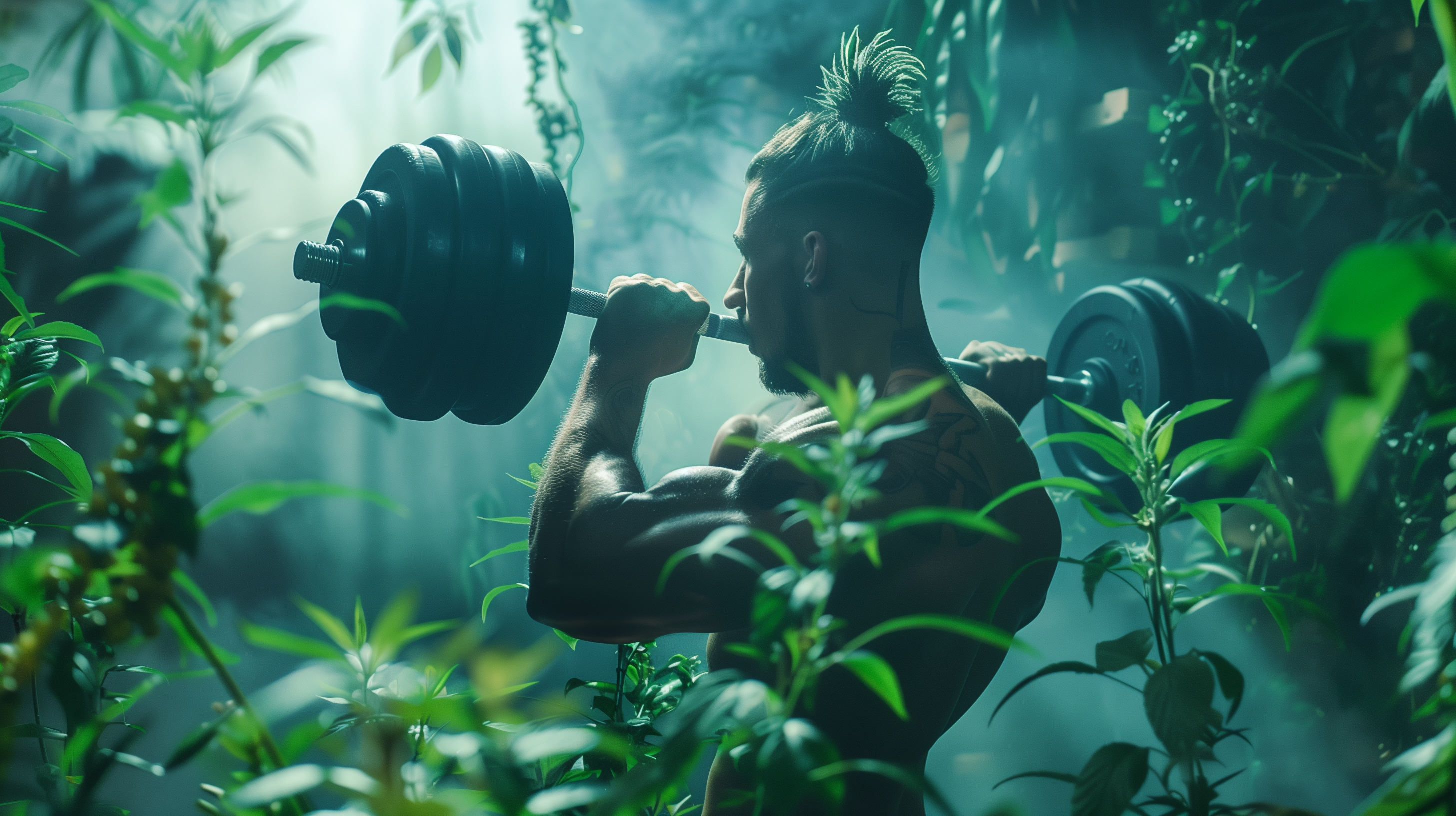 athlete lifting weights, surrounded by vibrant green plants