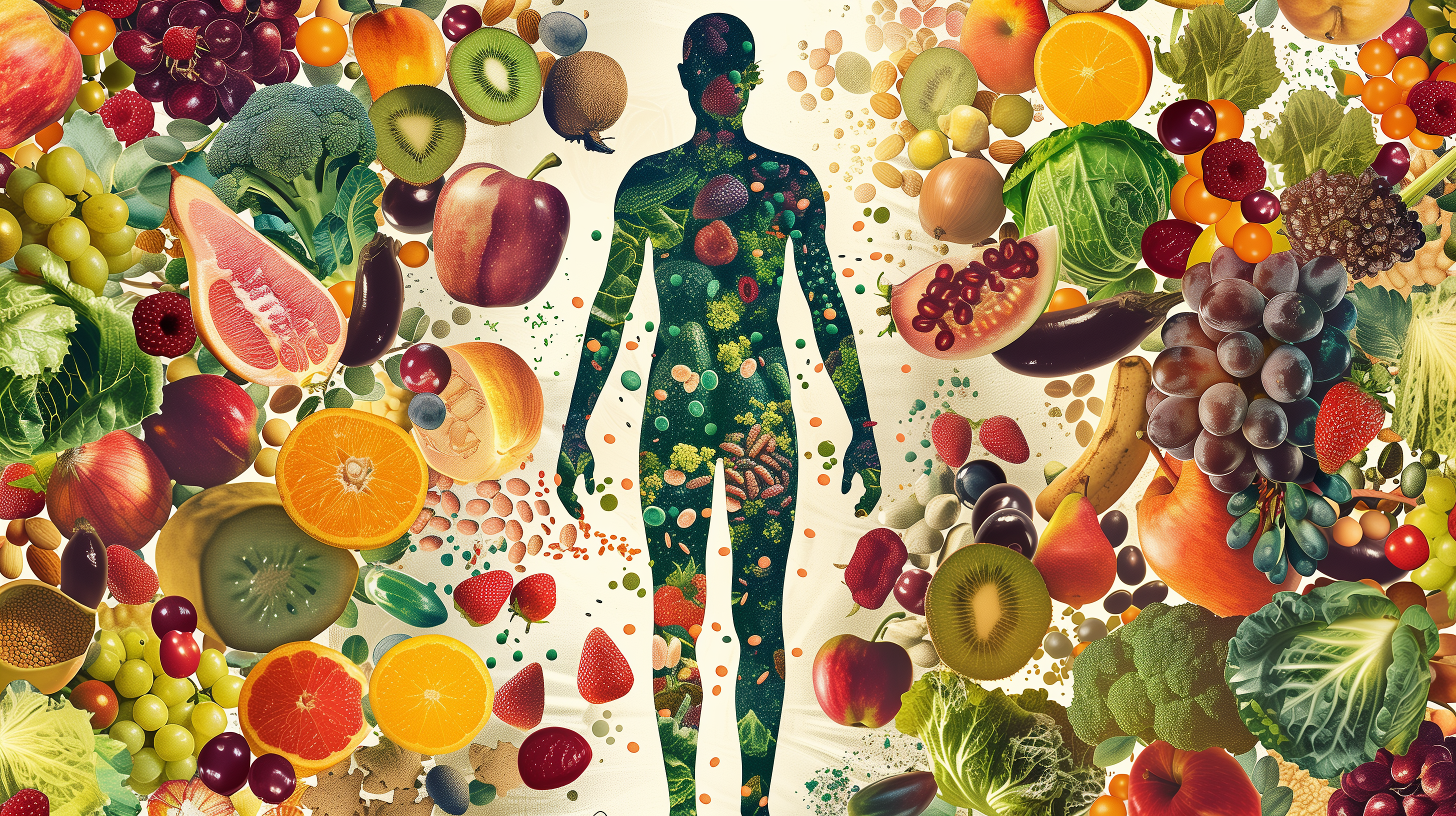 vibrant probiotic bacteria surrounding a slim, healthy human silhouette against a background of fruits, vegetables, and grains