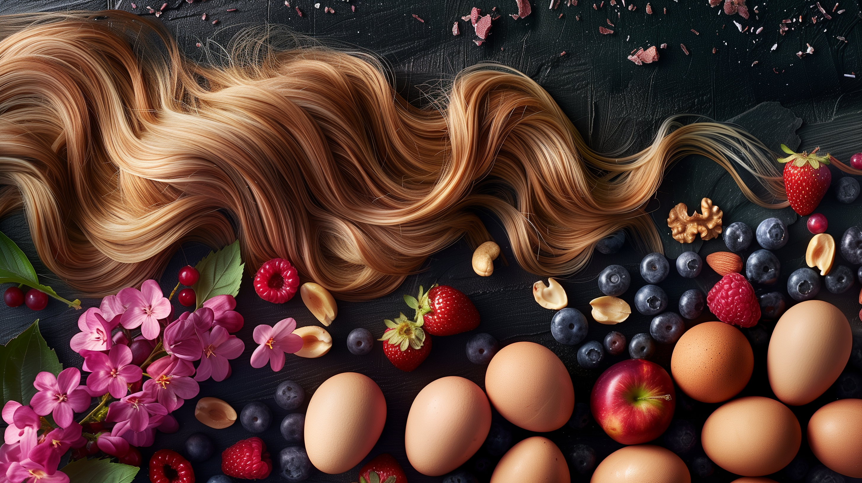 flowing hair transformation from thin and brittle to thick and glossy, biotin-rich foods like eggs, nuts, and berries