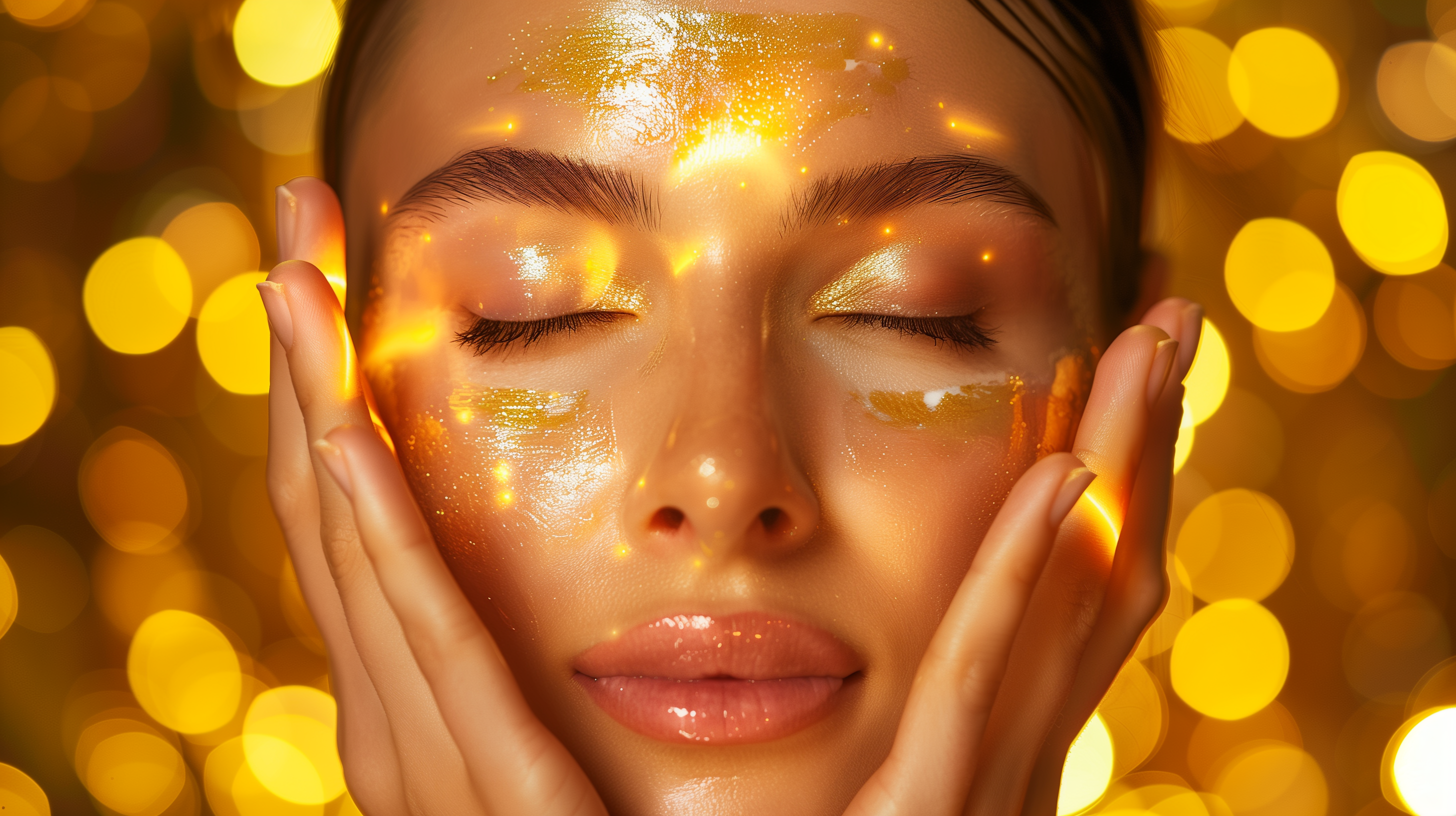 hands applying a shimmering, golden omega-7 oil onto glowing, healthy face