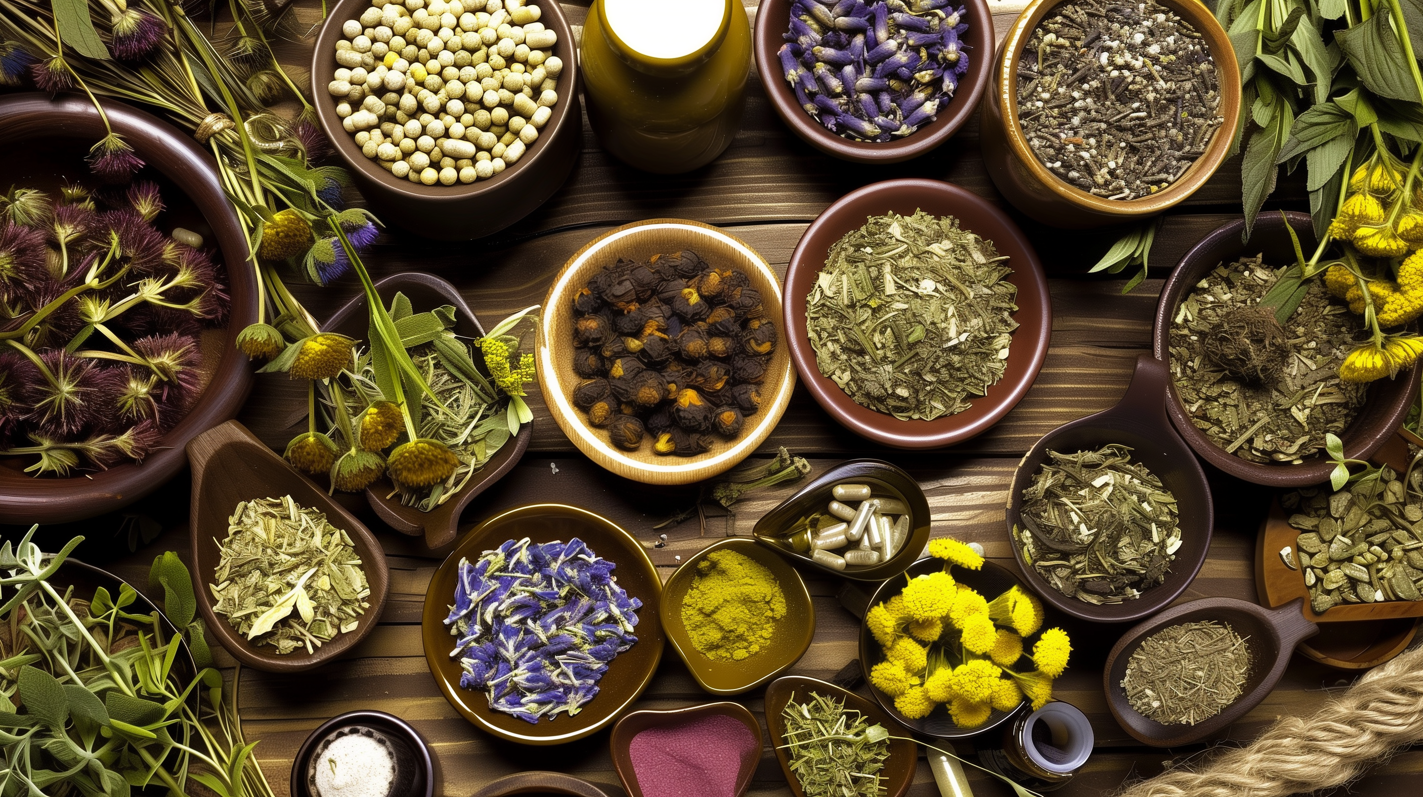 a collection of small wooden bowls filled with crushed herbs