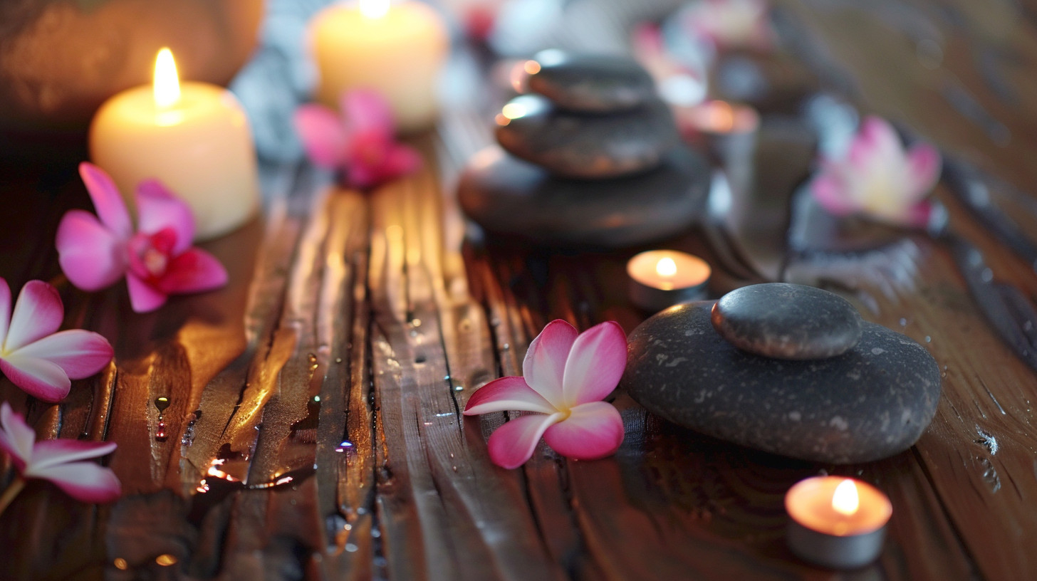 a wooden surface with massage rocks, tea candles, and magenta flowers