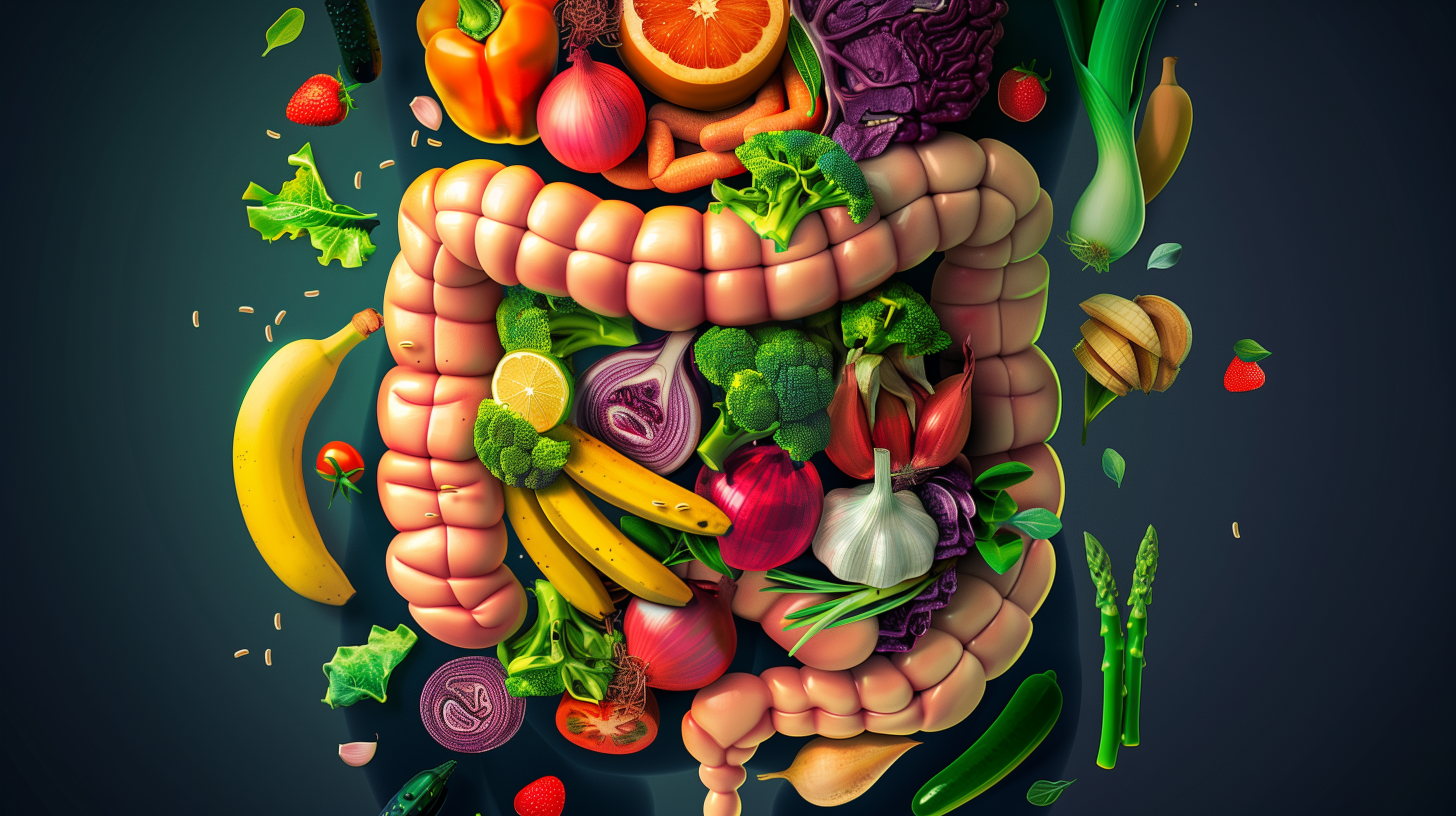human digestive system highlighting the gut flora, with vibrant, diverse prebiotic fiber sources like garlic, onions, bananas, and asparagus