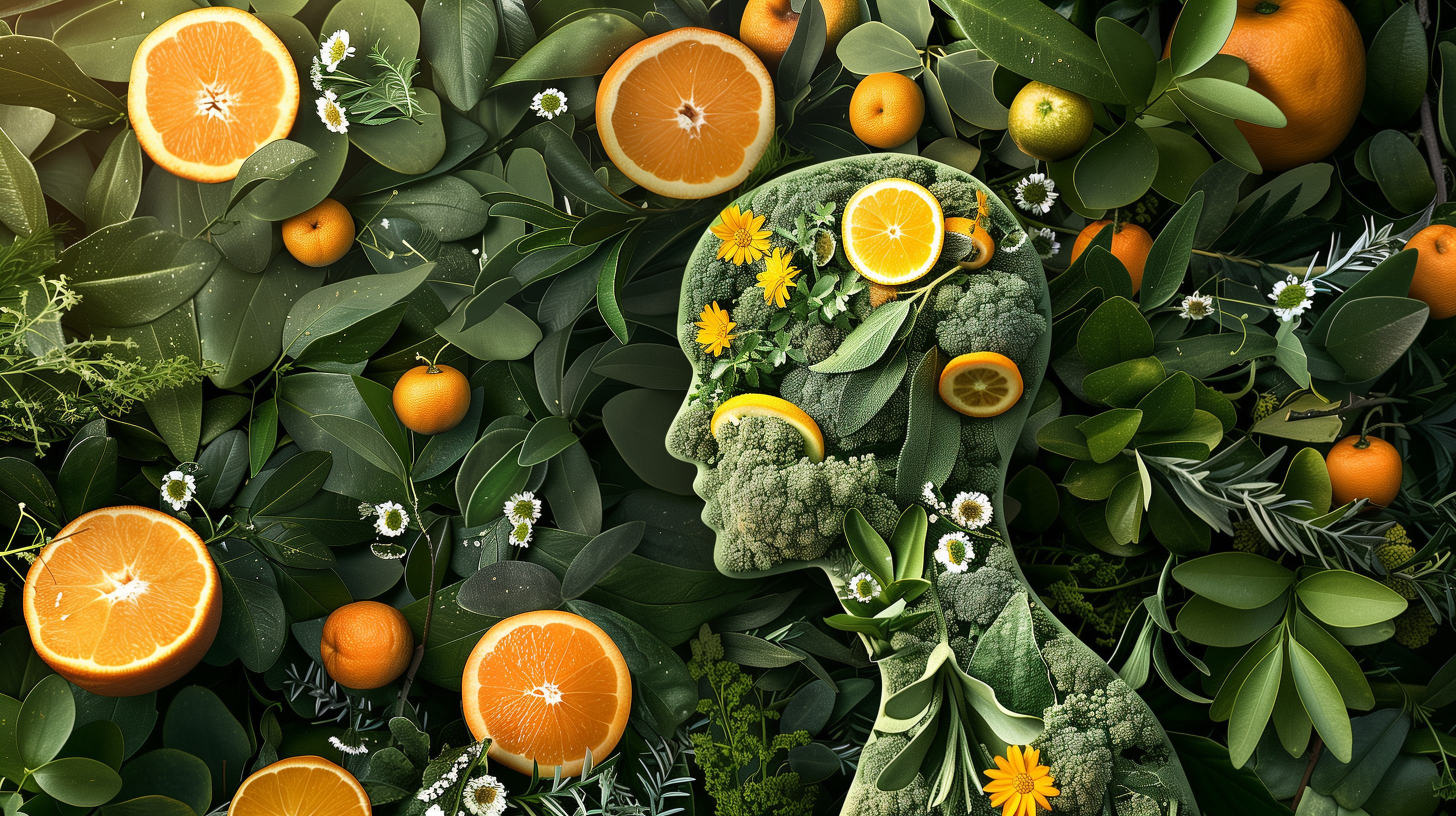 human silhouette filled with herbs like echinacea, garlic, and ginger, surrounded by fruits like oranges and lemons