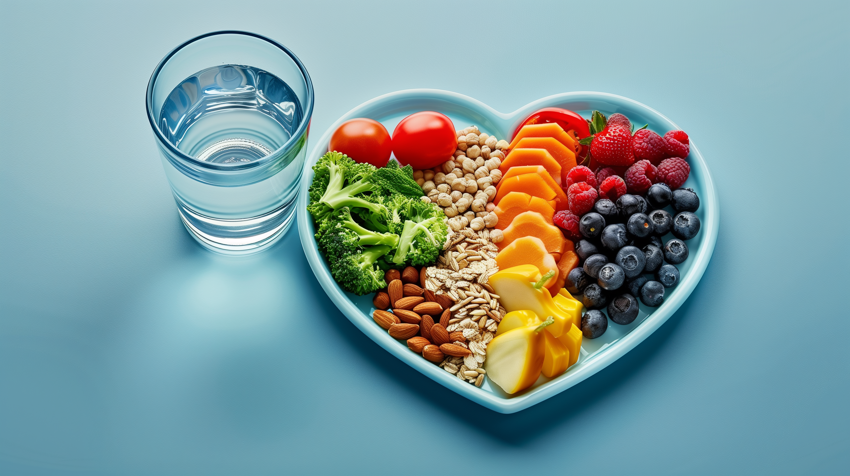 heart-shaped plate filled with vibrant fruits, vegetables, nuts, and whole grains, with a clear, refreshing glass of water