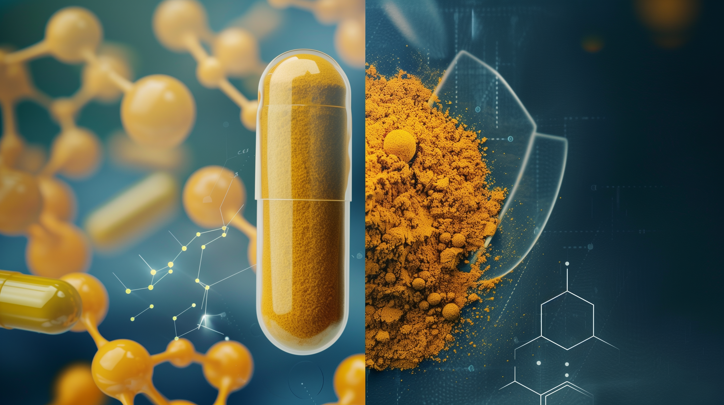 capsule with molecular structures and golden turmeric powder on the other