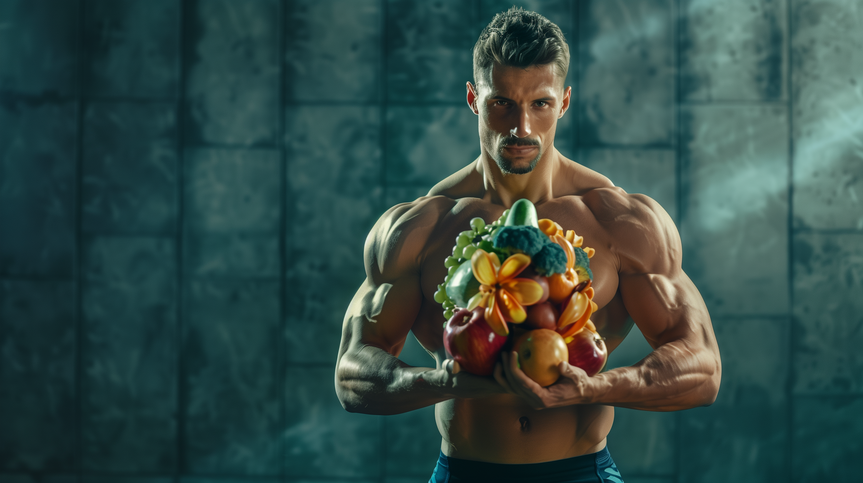muscular athlete holding a globe made of vibrant fruits and vegetables