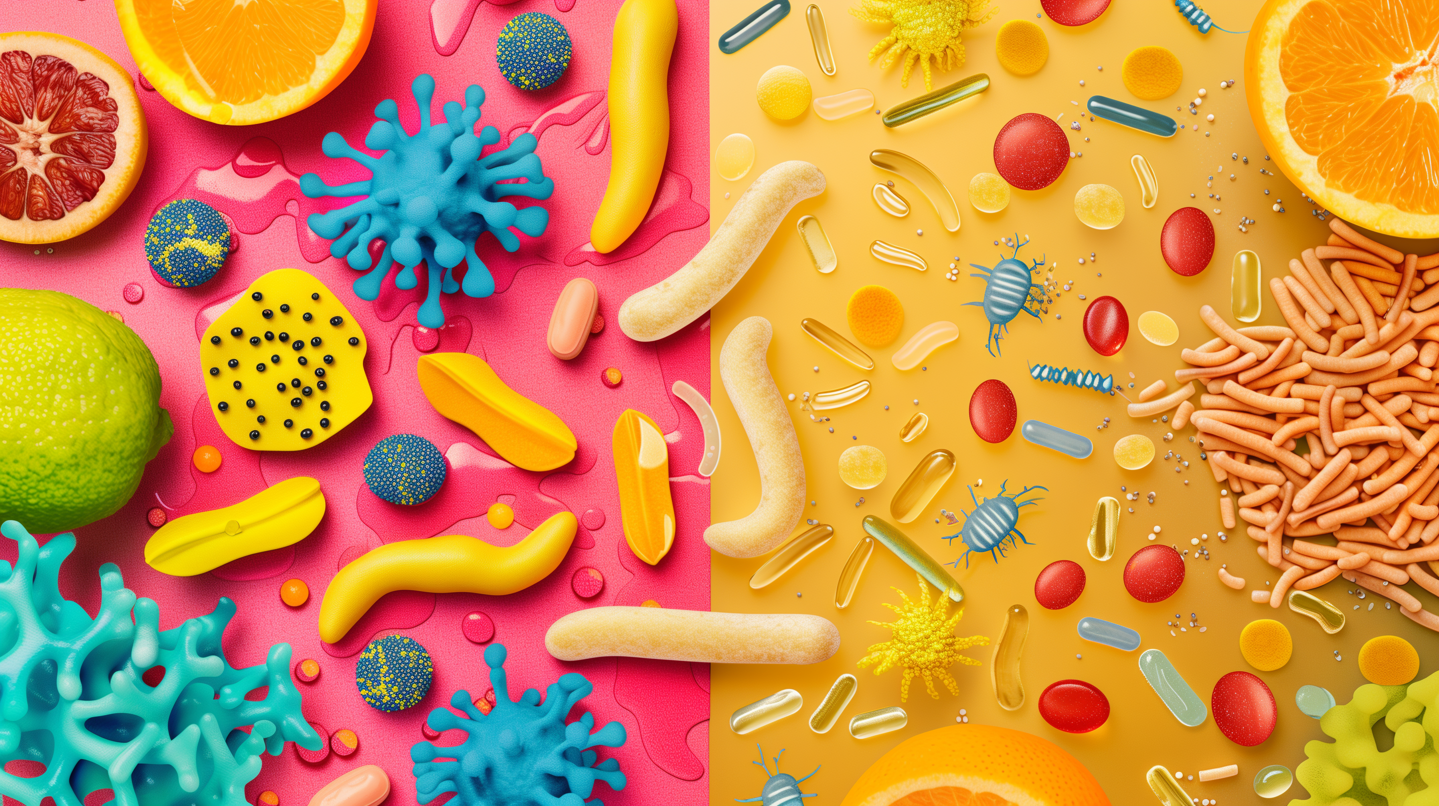 image split in half: on one side, illustrate colorful probiotic bacteria thriving in a healthy gut environment; on the other, depict fibrous prebiotic foods nurturing these bacteria