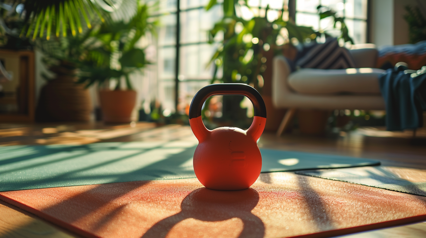 a kettle bell in the middle of a living room floor for a home workout