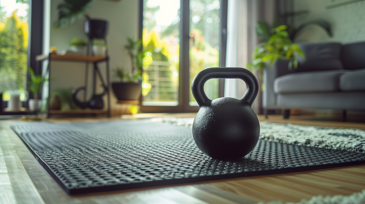 a kettlebell on a fitness mat in the living room