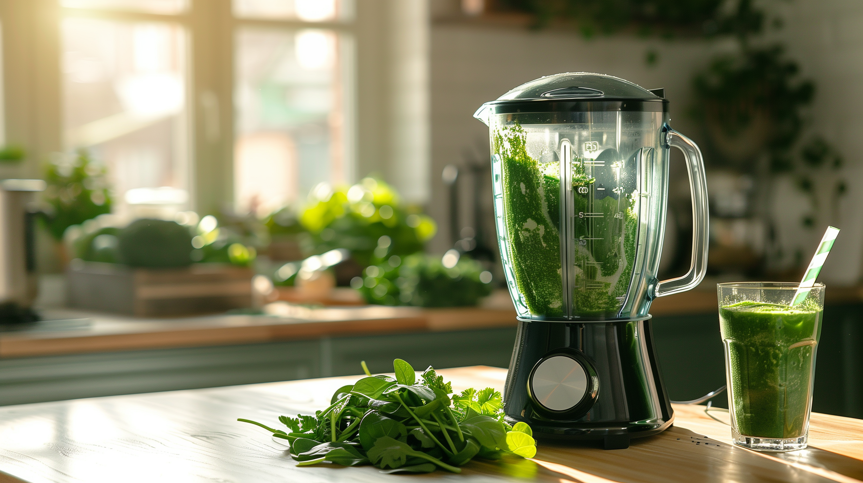 kitchen counter with a blender, a variety of fresh greens