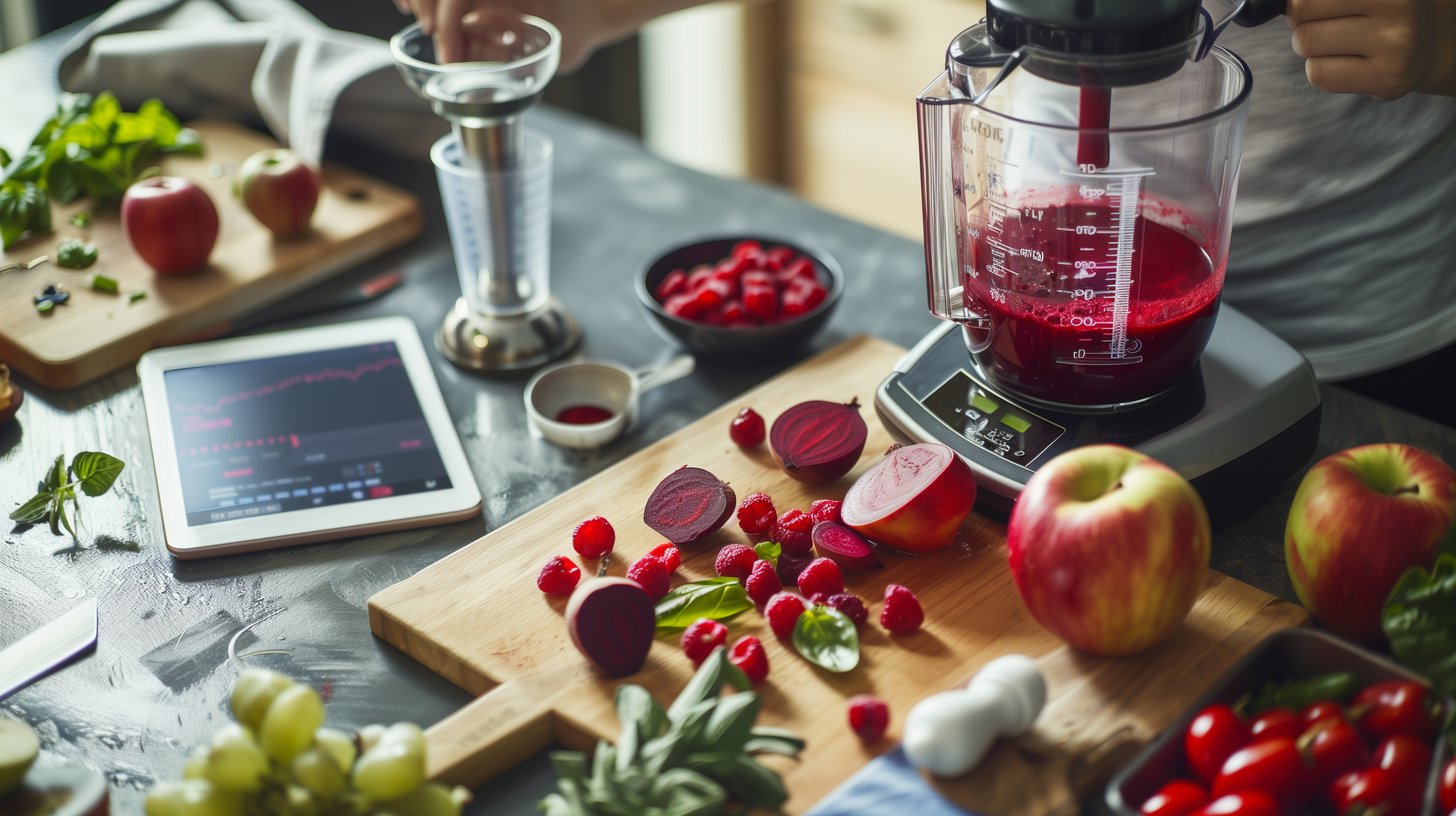 kitchen counter with a blender, various red superfoods (berries, beets, red apples)