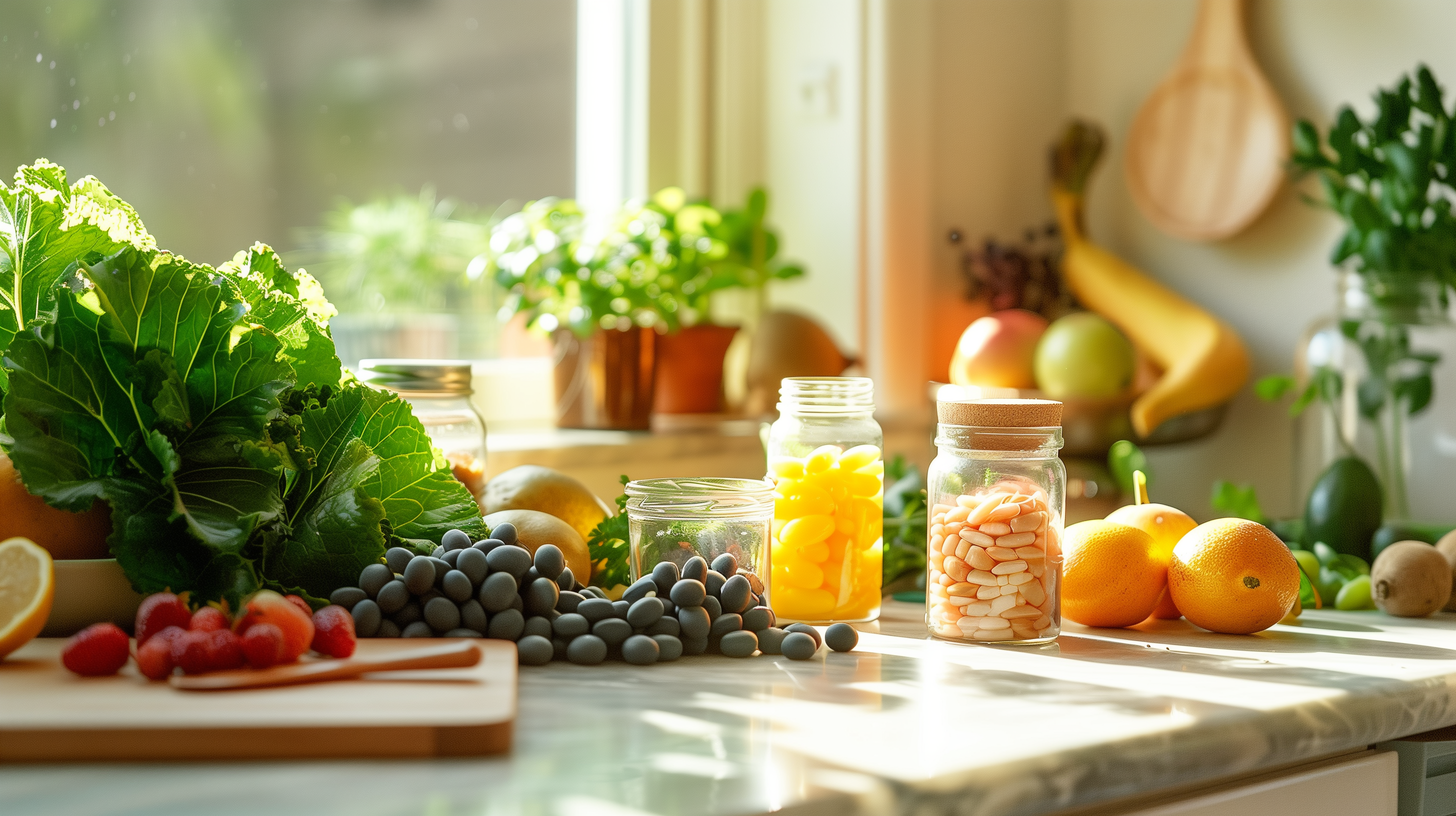 kitchen counter with an array of vegan prenatal vitamins in clear jars, surrounded by fresh fruits, leafy greens